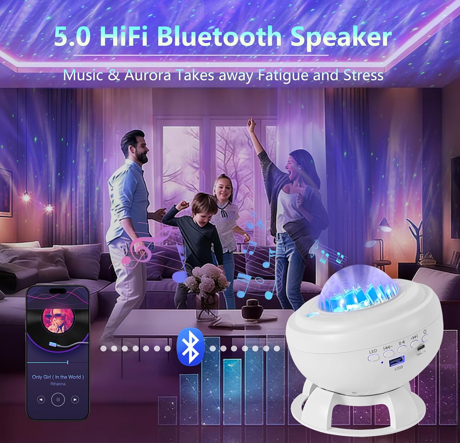 Detalle de Proiettore Stelle Soffitto LED con Lettore Bluetooth: 8 animazioni aurora boreale, altoparlante integrato e ricaricabile