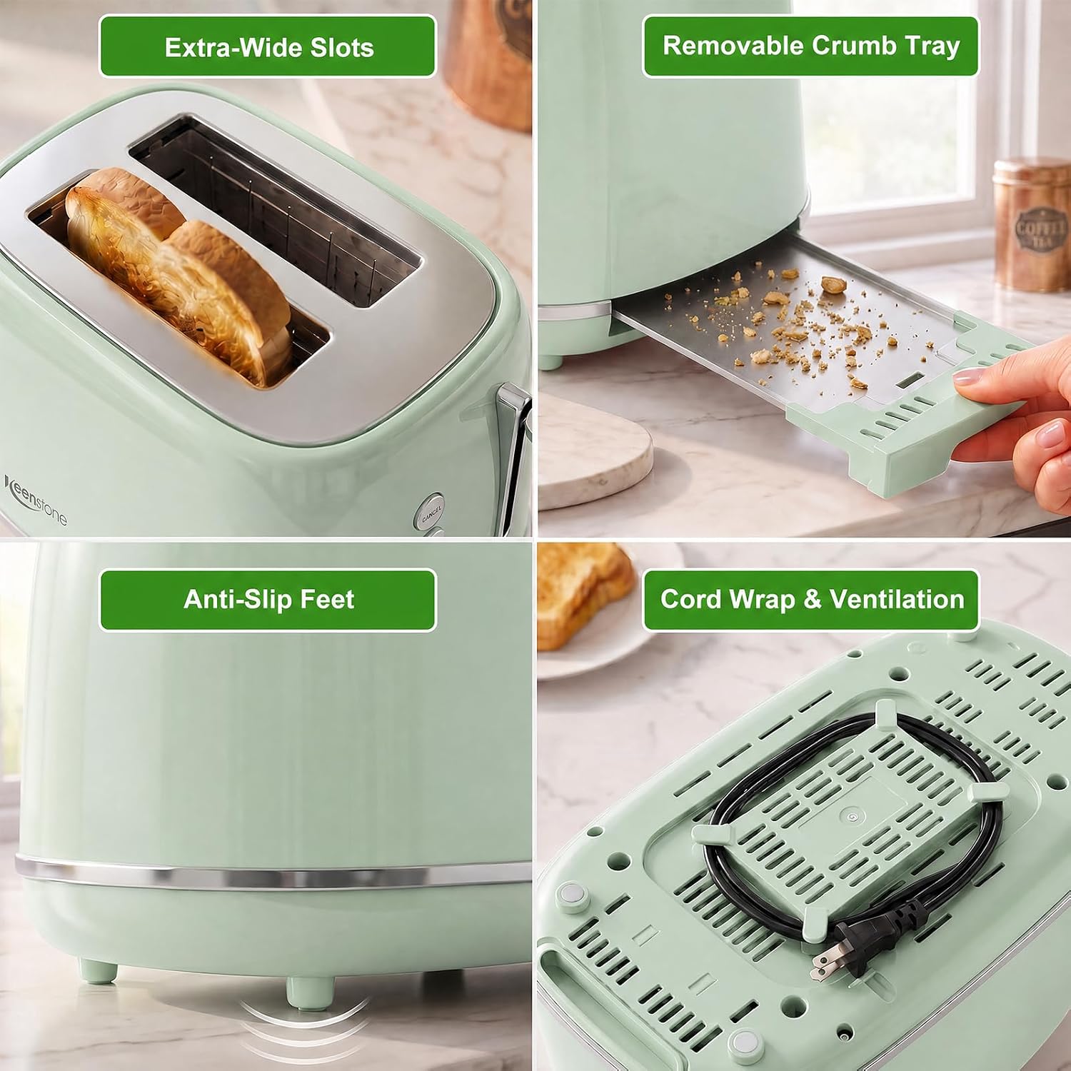 Detalle de Keenstone 2-Slice Toaster, Green, with Wide Slots and 6 Shade Settings