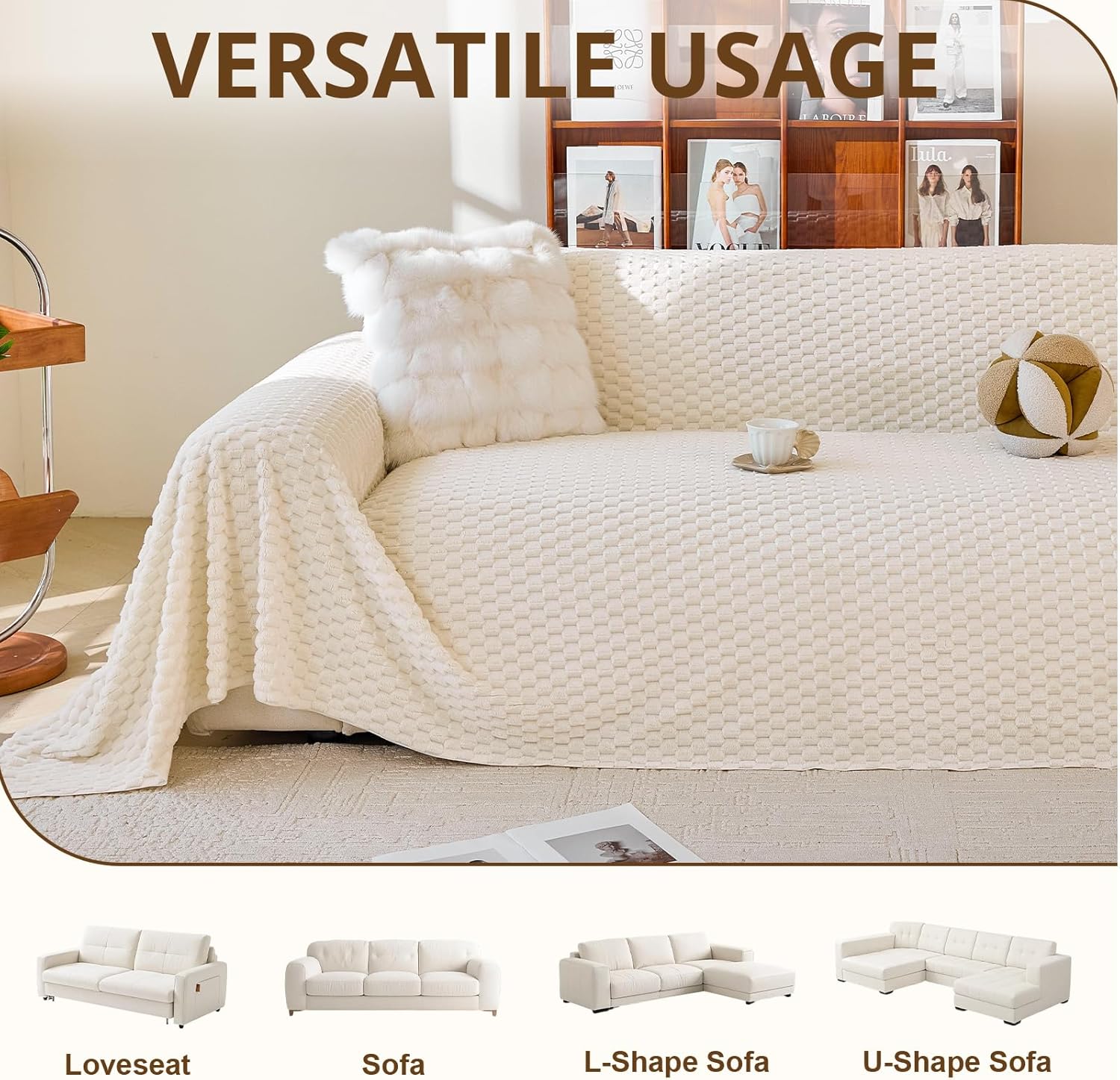 Detalle de Royhom Telo Copridivano 2/3 Posti Pelosa Beige con Base Antiscivolo 180x300 cm