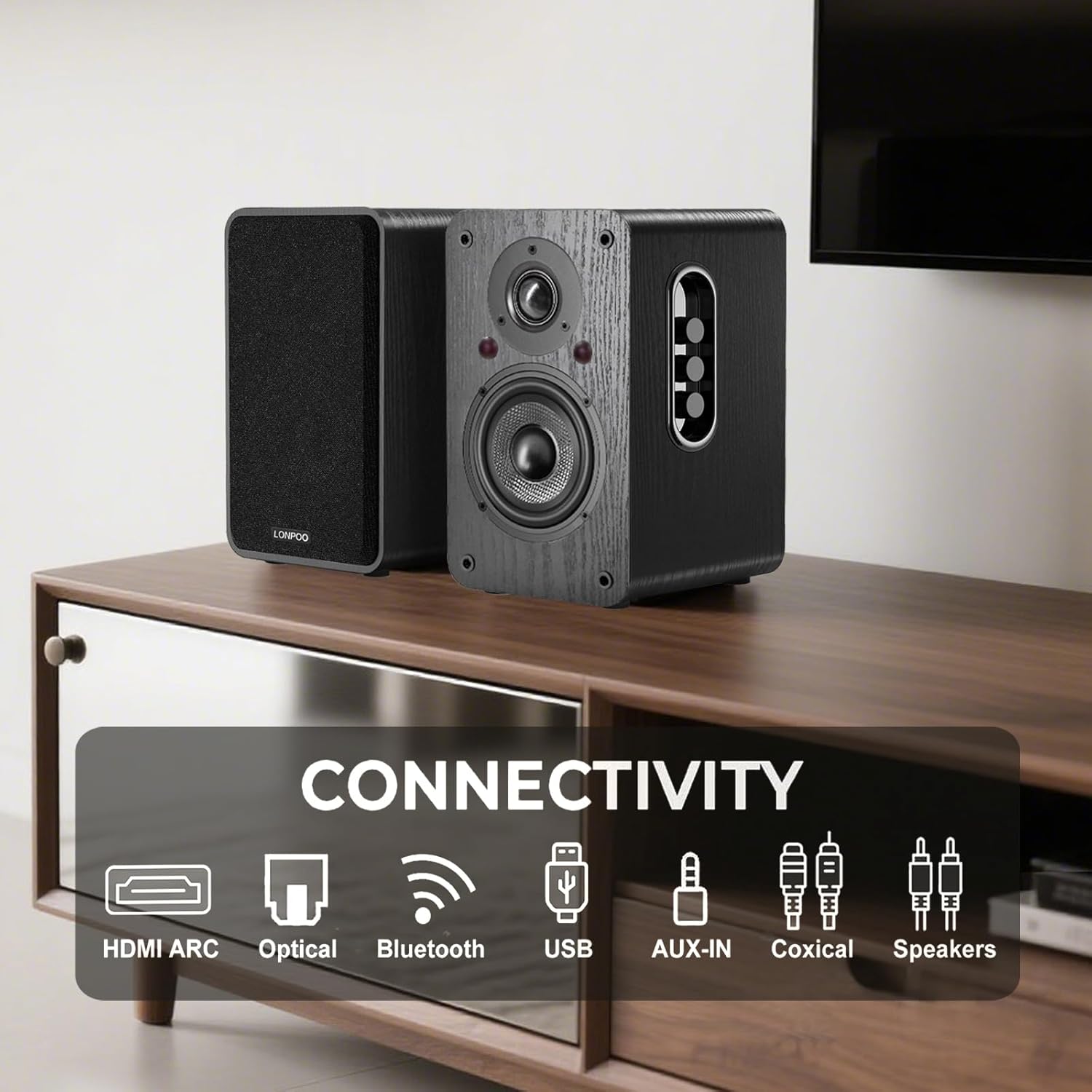 Thumbnail 3 de LONPOO Aktiv Regal-Lautsprecher-Paar mit 100 W RMS, Bluetooth 5.3 und HDMI ARC