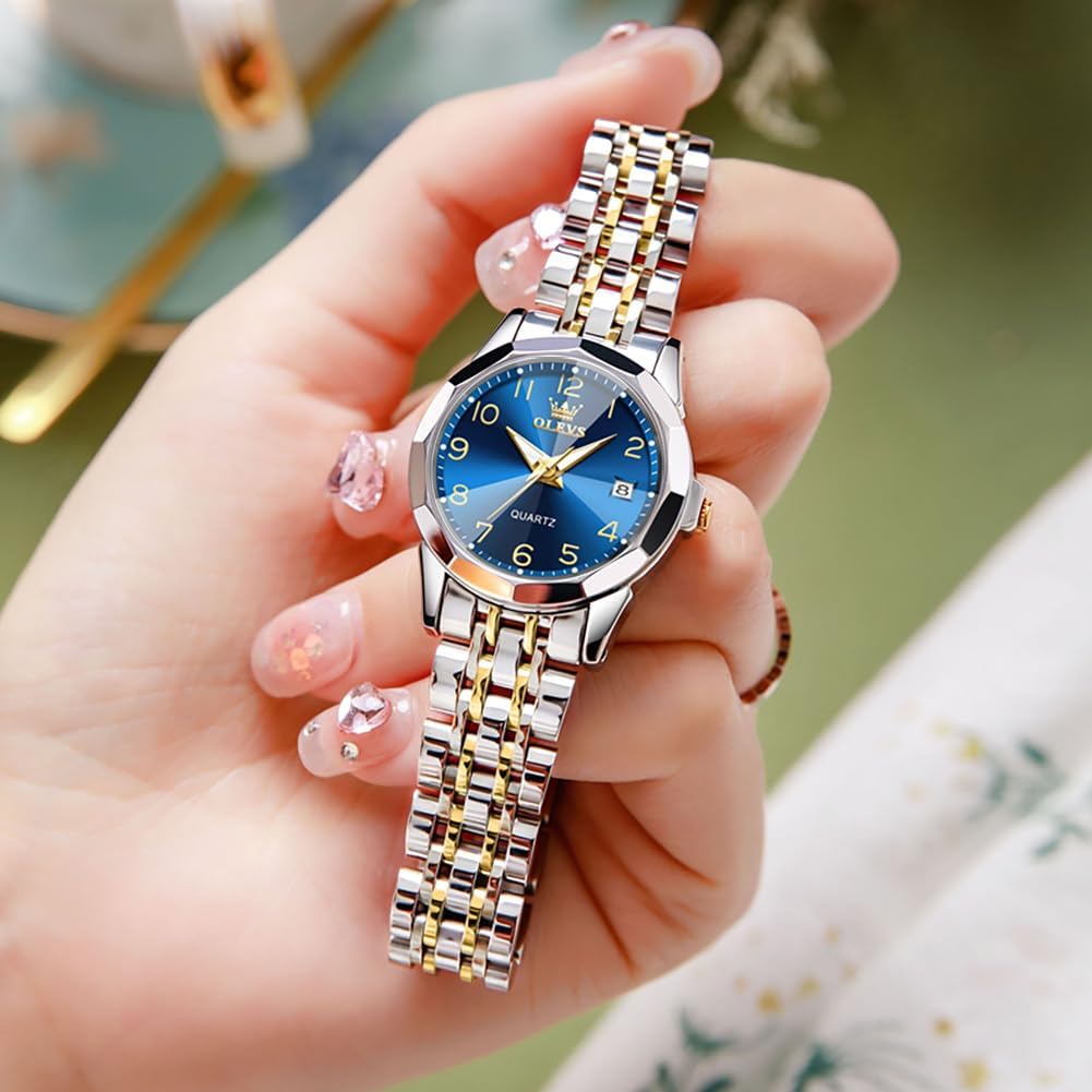 Detalle de OLEVS Montre Femme Analogique Quartz en Acier Inoxydable — Étanche, Lumineuse, Diamant et Cadeau Élégant