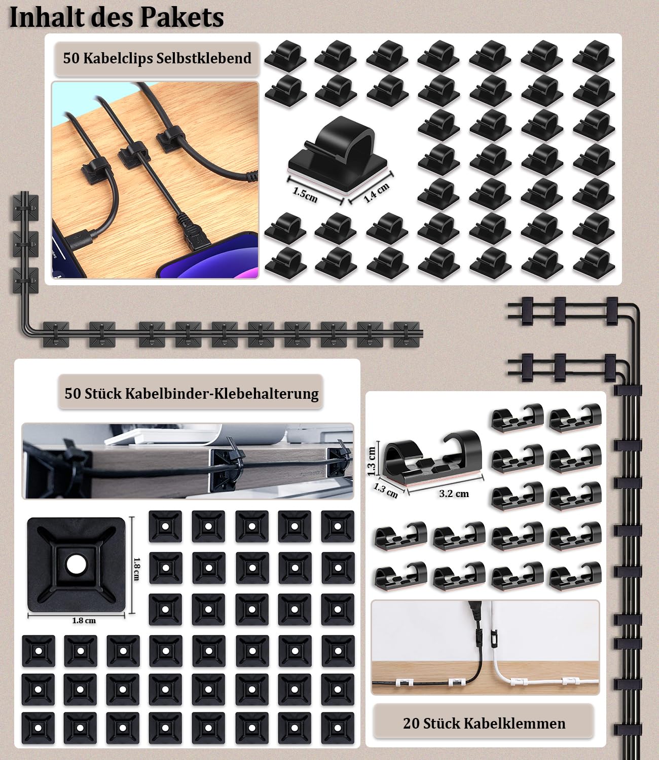 Thumbnail 3 de MiuCo Kabelmanagement-Set 255 Teile: Ordnung am Schreibtisch mit selbstklebenden Clips und Box