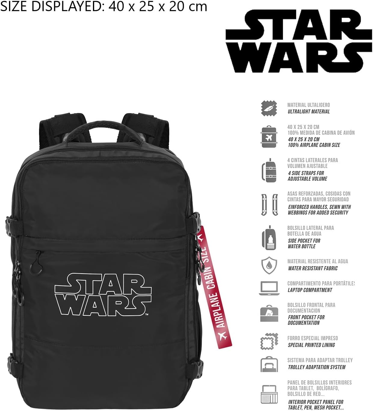 Detalle de Star Wars Logo-Zaino Mercury zaino da viaggio aereo 40x20x25 cm bagaglio a mano 20 L, nero