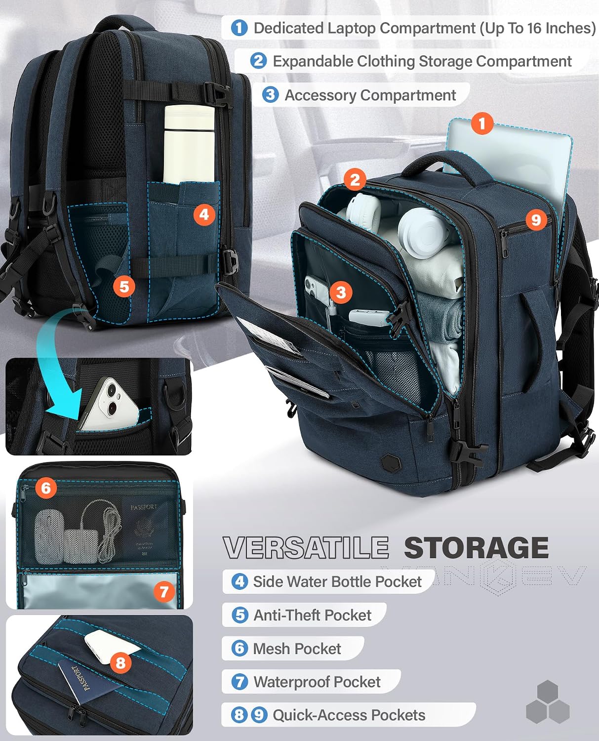 Thumbnail 2 de VANKEV Expandable Cabin Bag for EasyJet, Lufthansa, BA & Jet2 — 32L to 40L, 45x36x20/25 cm, Underseat 15.6" Laptop