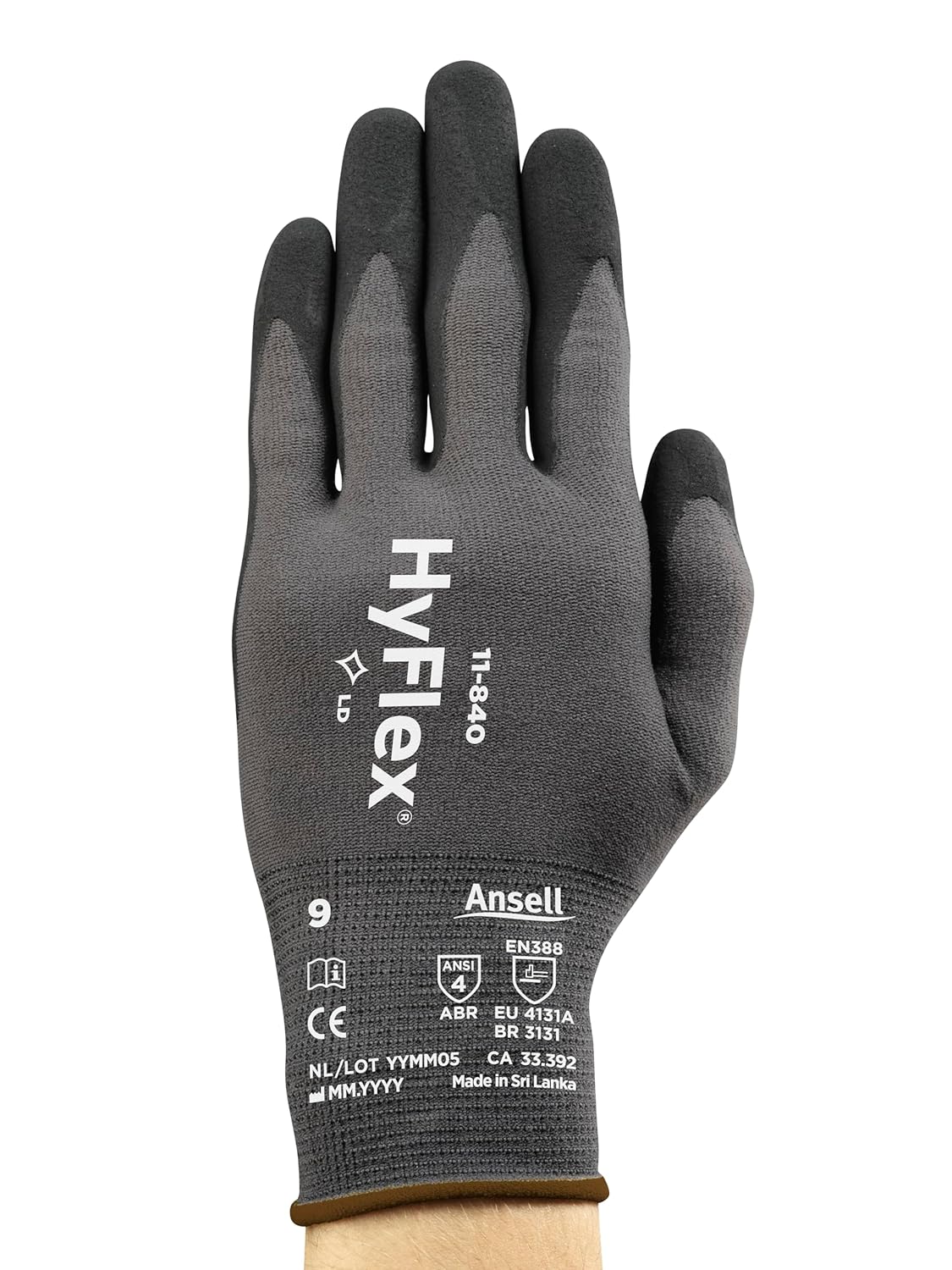 Detalle de Ansell HyFlex 11-840 Gants de Travail professionnels – nitrile noir, protection abrasion et coupe, Taille L, 5 paires