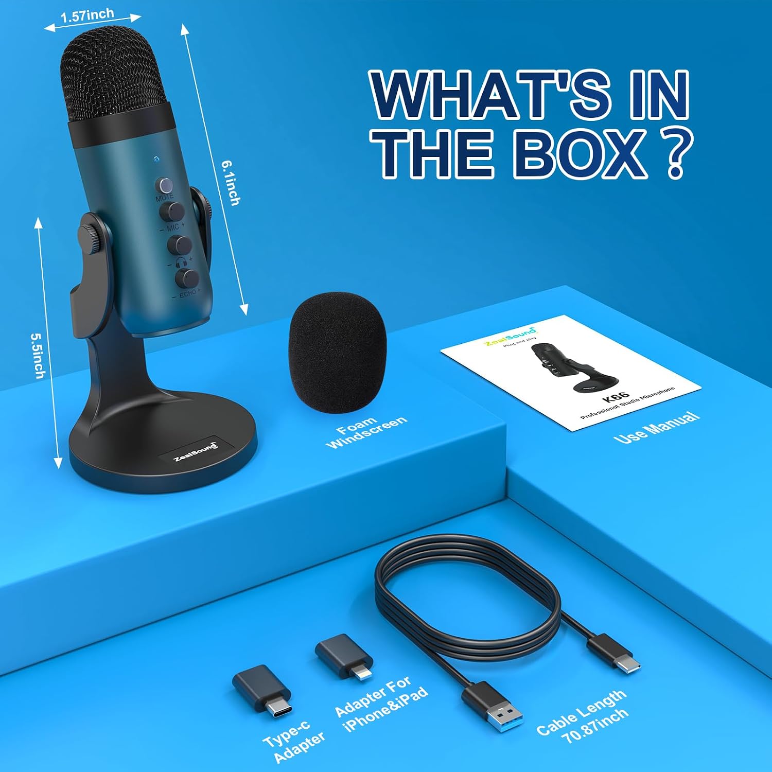 Thumbnail 6 de ZealSound K66 USB Condenser Microphone, Teal, with Monitoring and Echo Control