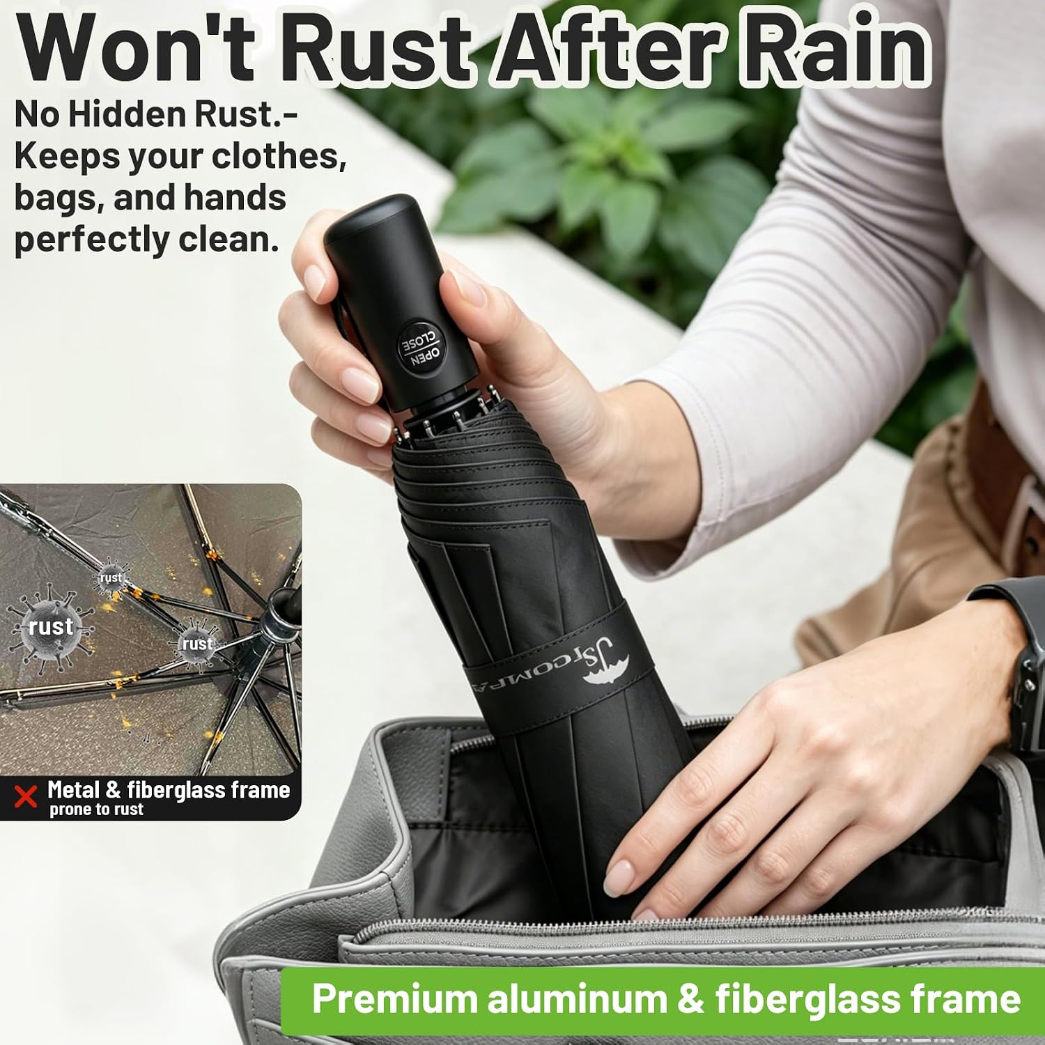 Detalle de SY COMPACT Travel Umbrella — Windproof, Auto Open/Close 8-Rib Compact Umbrella