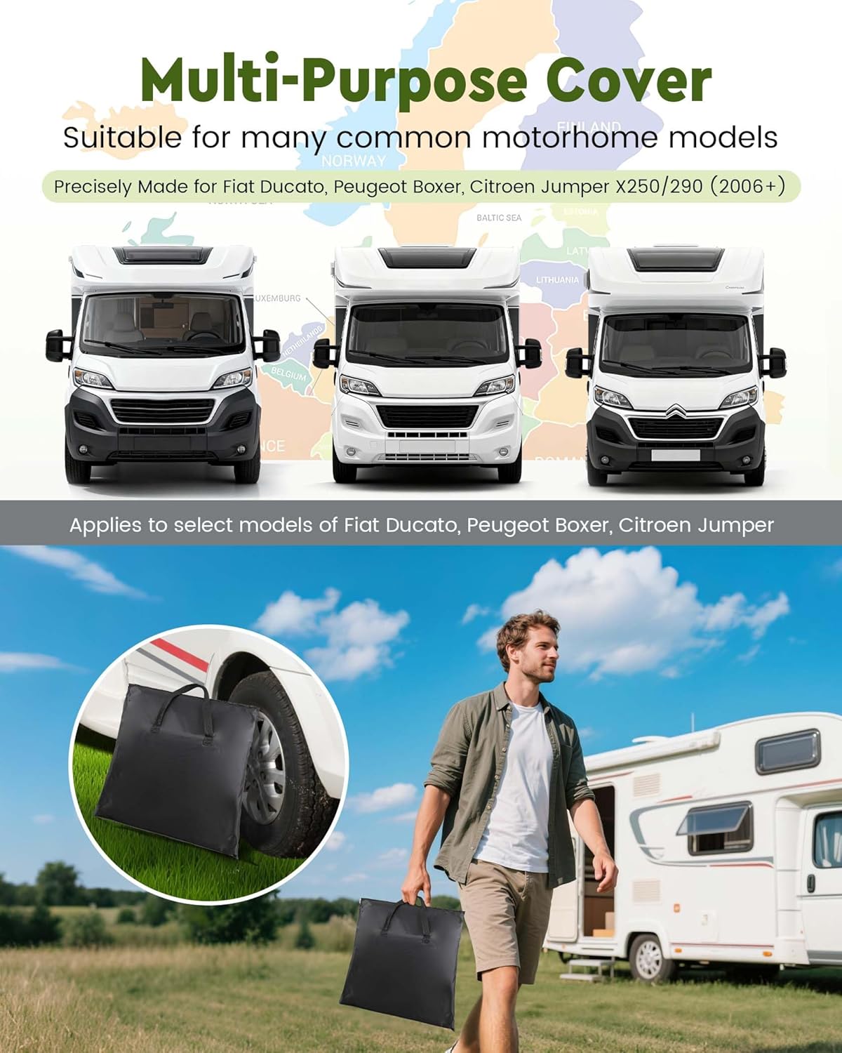 Thumbnail 6 de FoundGo Motorhome Windscreen Cover Thermal with Dual Zips – Waterproof, Aluminium Silver, Fits Fiat Ducato, Citroën Relay X250/290 & Peugeot Boxer (2006+) with Carry Bag