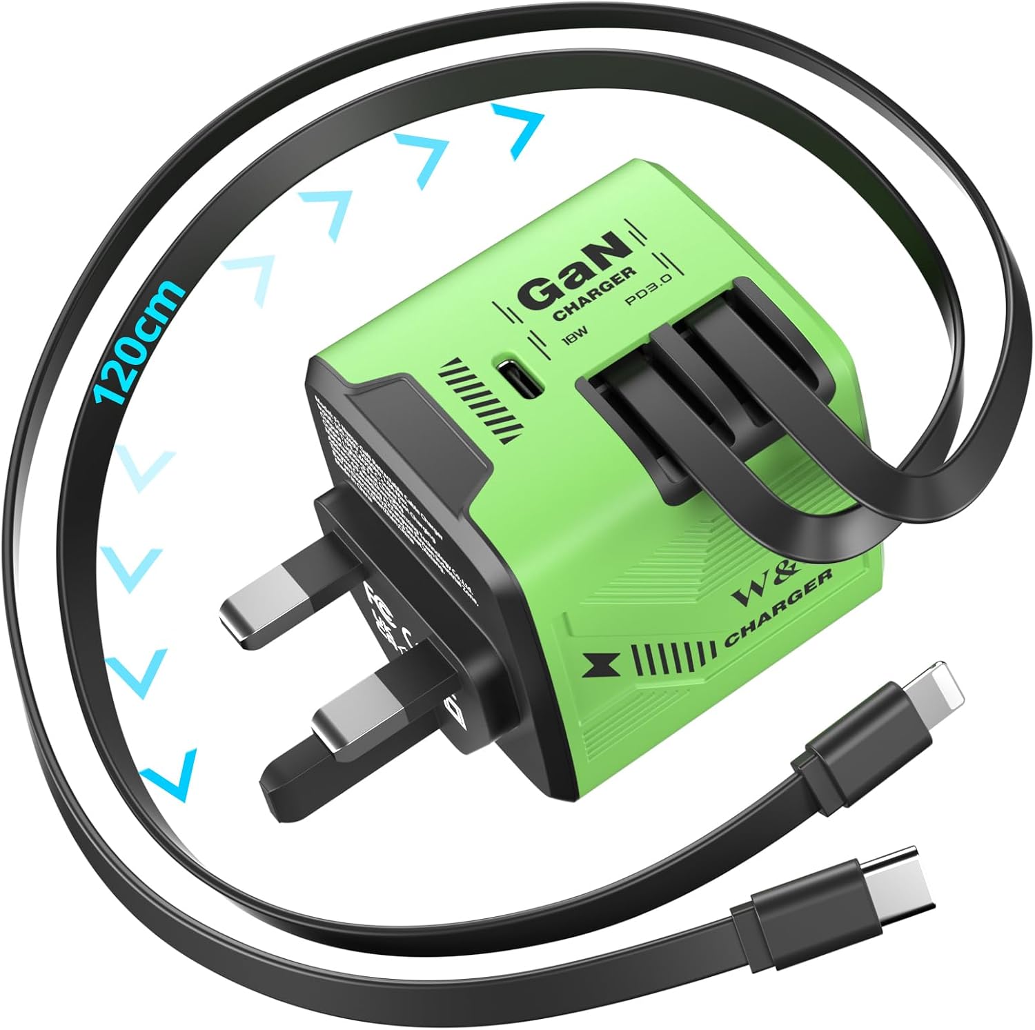 Detalle de 60W GaN Fast Charger with Built-in Dual 1.2m Retractable Cables (3-in-1) – UK Plug, Green