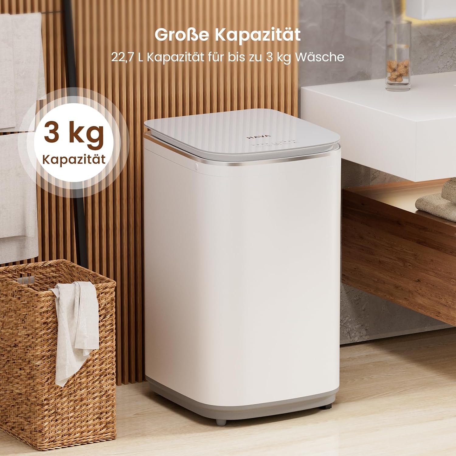 Detalle 2 de HAVA Mini Waschmaschine (T02) mit 3 kg Fassungsvermögen, 8 Programmen und Heißwaschfunktion