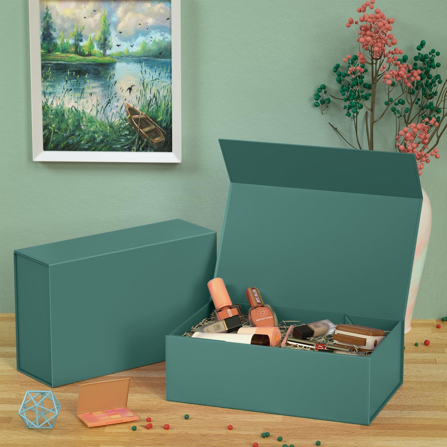 Thumbnail 6 de 2er Set Geschenkbox mit Deckel (24x15x7,6 cm), magnetischer Verschluss & klappbar – grün
