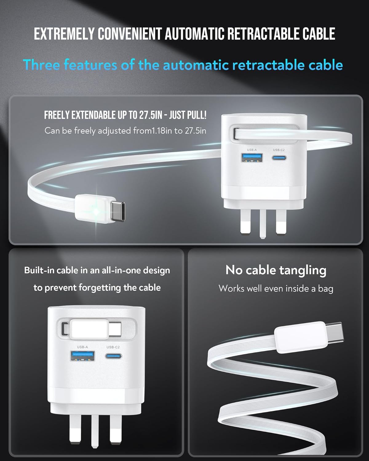 Thumbnail 2 de 65W USB C Charger with Retractable Cable (GaN) – 3-Port UK Plug for MacBook, iPhone, iPad and more