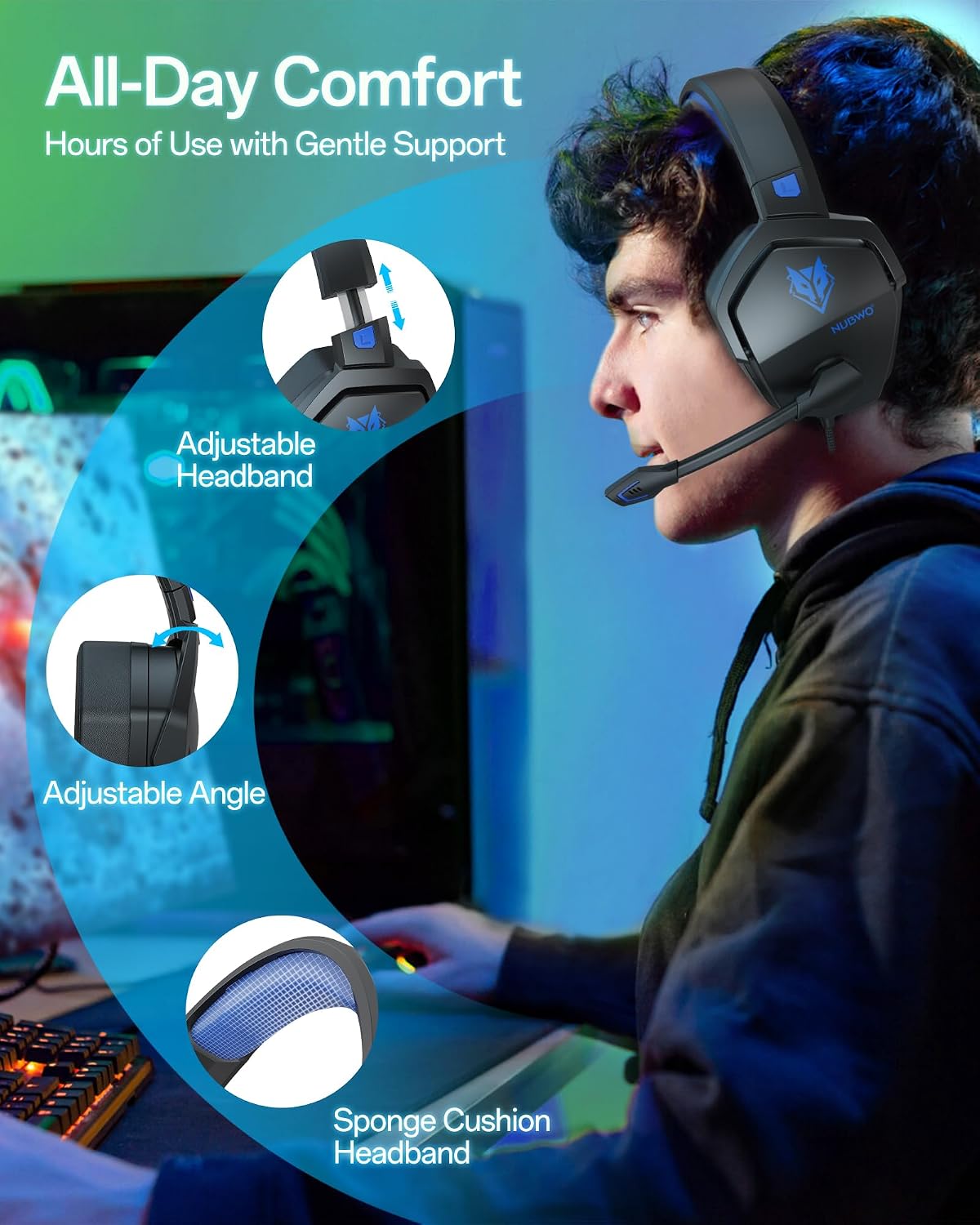 Detalle 2 de NUBWO N16 wired gaming headset with mic (3.5mm) for Xbox, PS5, PC, Switch and more