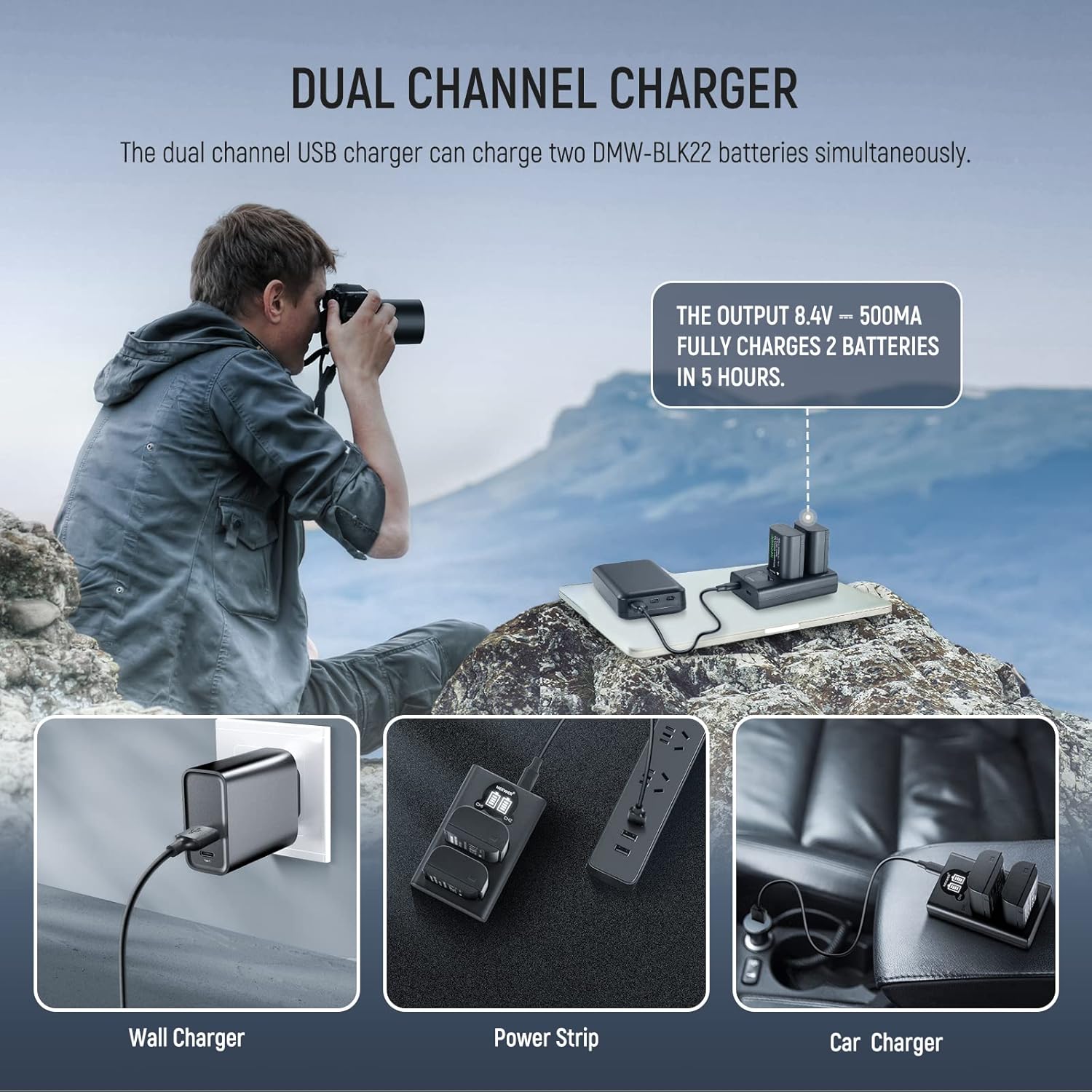 Thumbnail 5 de NEEWER Ersatzakku- & Ladegeräteset für DMW-BLK22 (2× 2400 mAh) + Dual-Channel USB-C Ladegerät