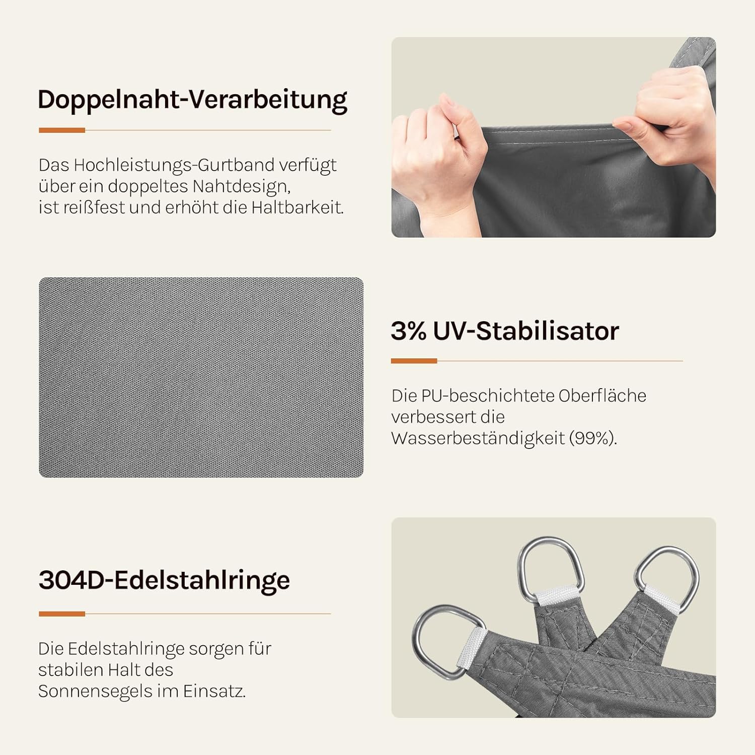 Thumbnail 3 de WOLTU Sonnensegel Rechteck 4x6 m grau – wasserabweisend mit UV-Schutz für Garten, Terrasse & Camping