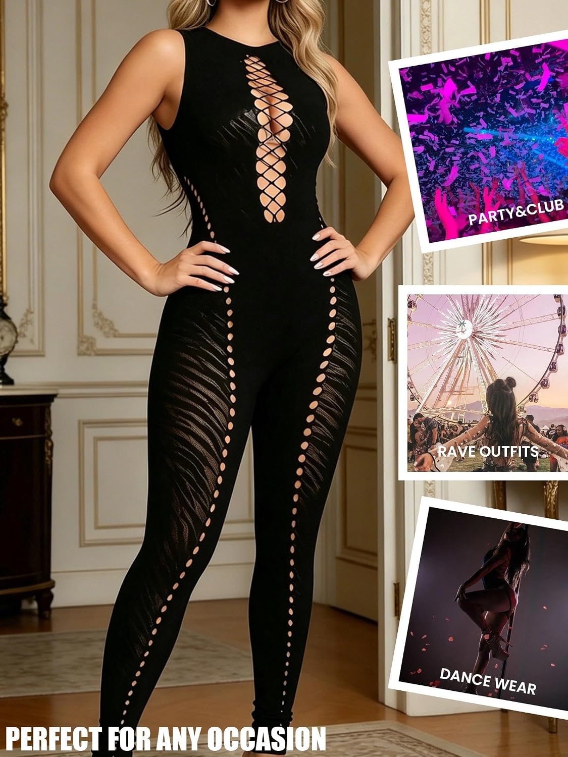 Detalle 2 de Eagerlove mesh jumpsuit voor dames met zebraprint, transparante delen en mouwloos model