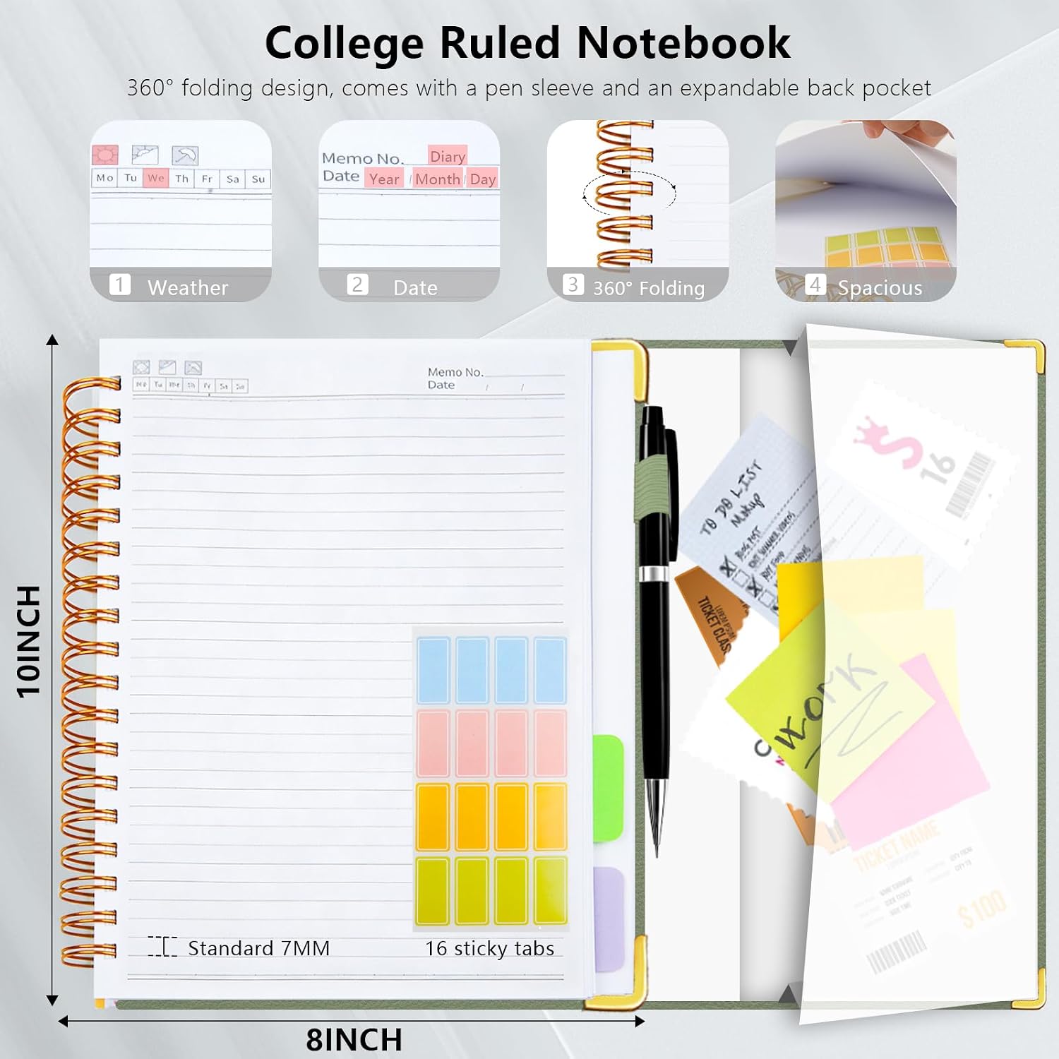 Thumbnail 2 de Veytust Hardcover Spiral Notebook, 8 x 10 in, 300 Pages, Sage Green