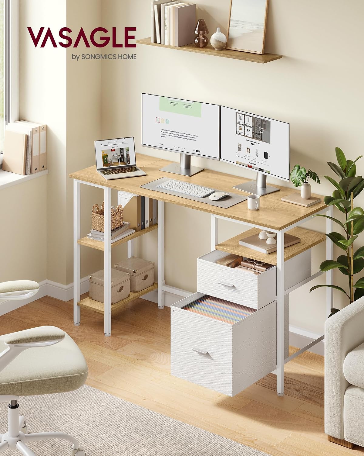 Detalle 2 de VASAGLE Scrivania per Computer LWD103YD01 – Scrivania industriale in Rovere Naturale e Bianco Opaco, 127 x 50 x 76 cm