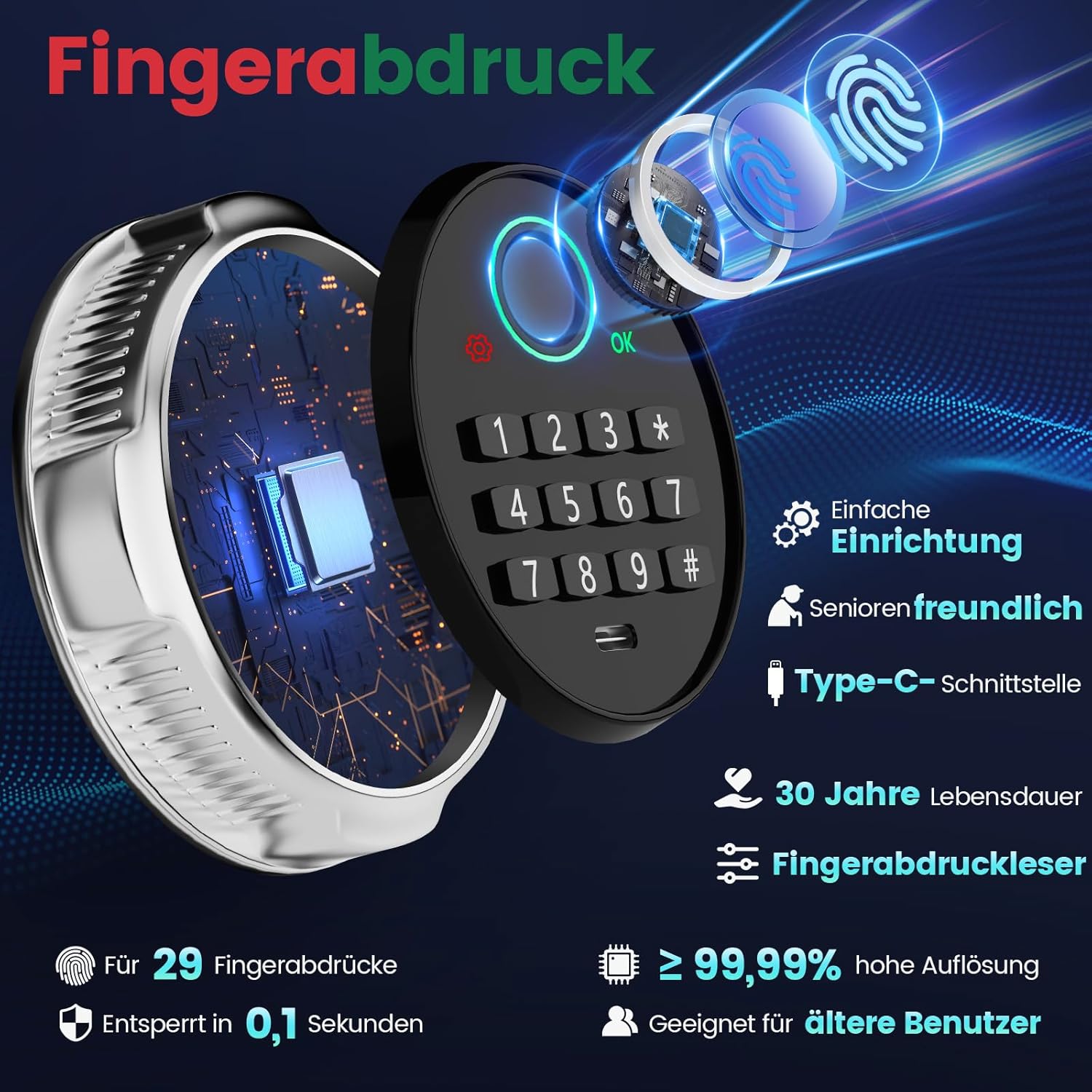 Detalle de Tiskgg Fingerabdruck Tresor für Zuhause (22L) mit feuerfester Tasche, Regal und dualem Alarmmodus