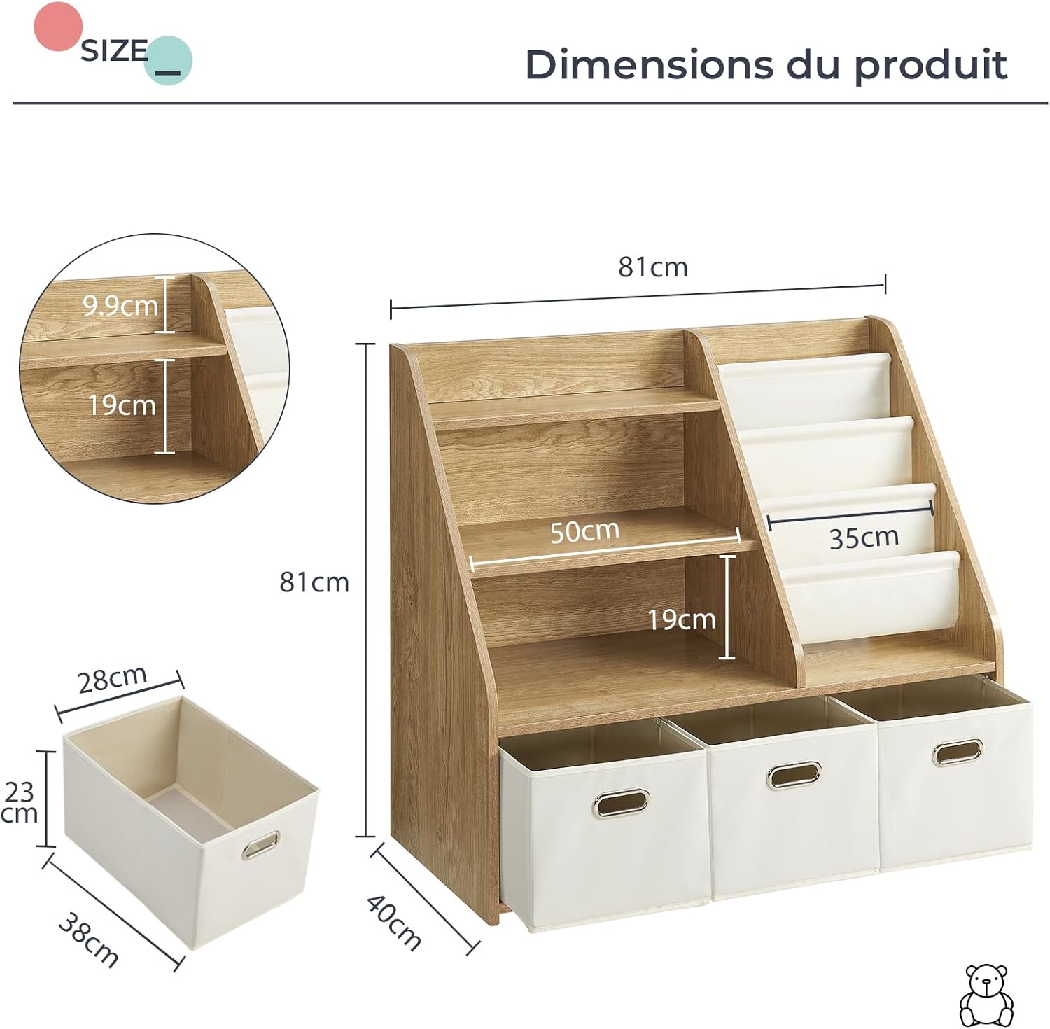 Detalle 2 de EFURDEN EDKB01 Montessori-kinderboekenkast met 4 planken, 3 laden en 4 stoffen vakken