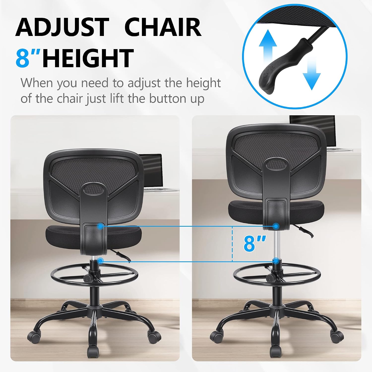 Detalle de Primy PR777-Z Tall Drafting Chair, Adjustable Height, Mesh Back, Foot Ring
