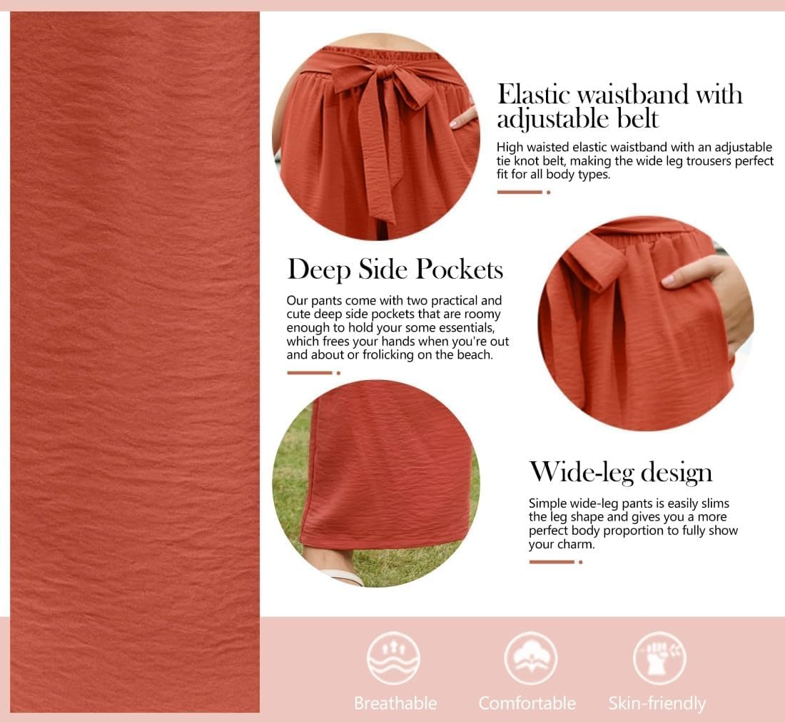 Detalle 2 de PrinStory Damenhose mit weitem Bein und leicht elastischem Bund – Sommerhose mit Taschen
