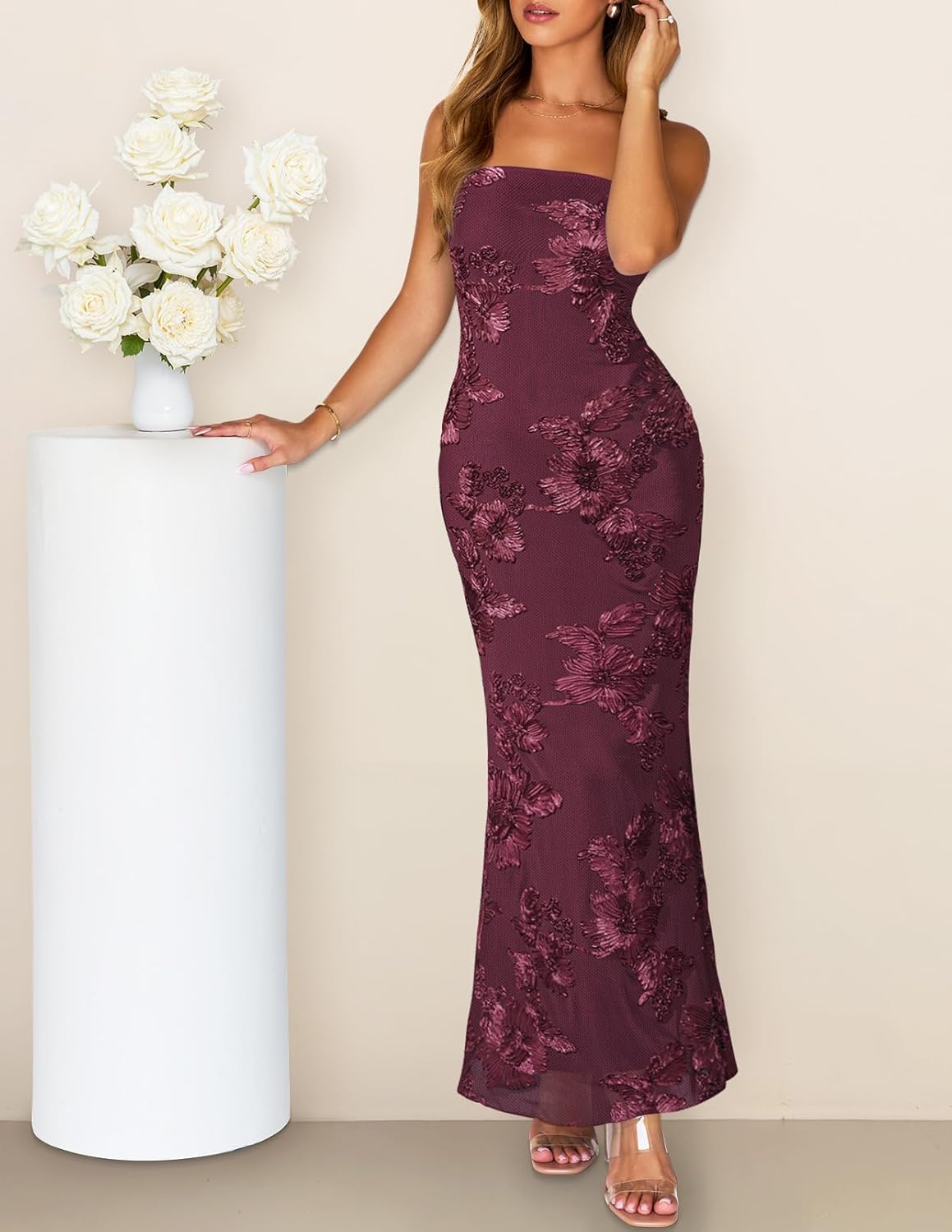 Thumbnail 1 de MEROKEETY Women’s Floral Strapless Maxi Dress (3D Print) — Backless Bodycon Wedding Guest & Formal Wear