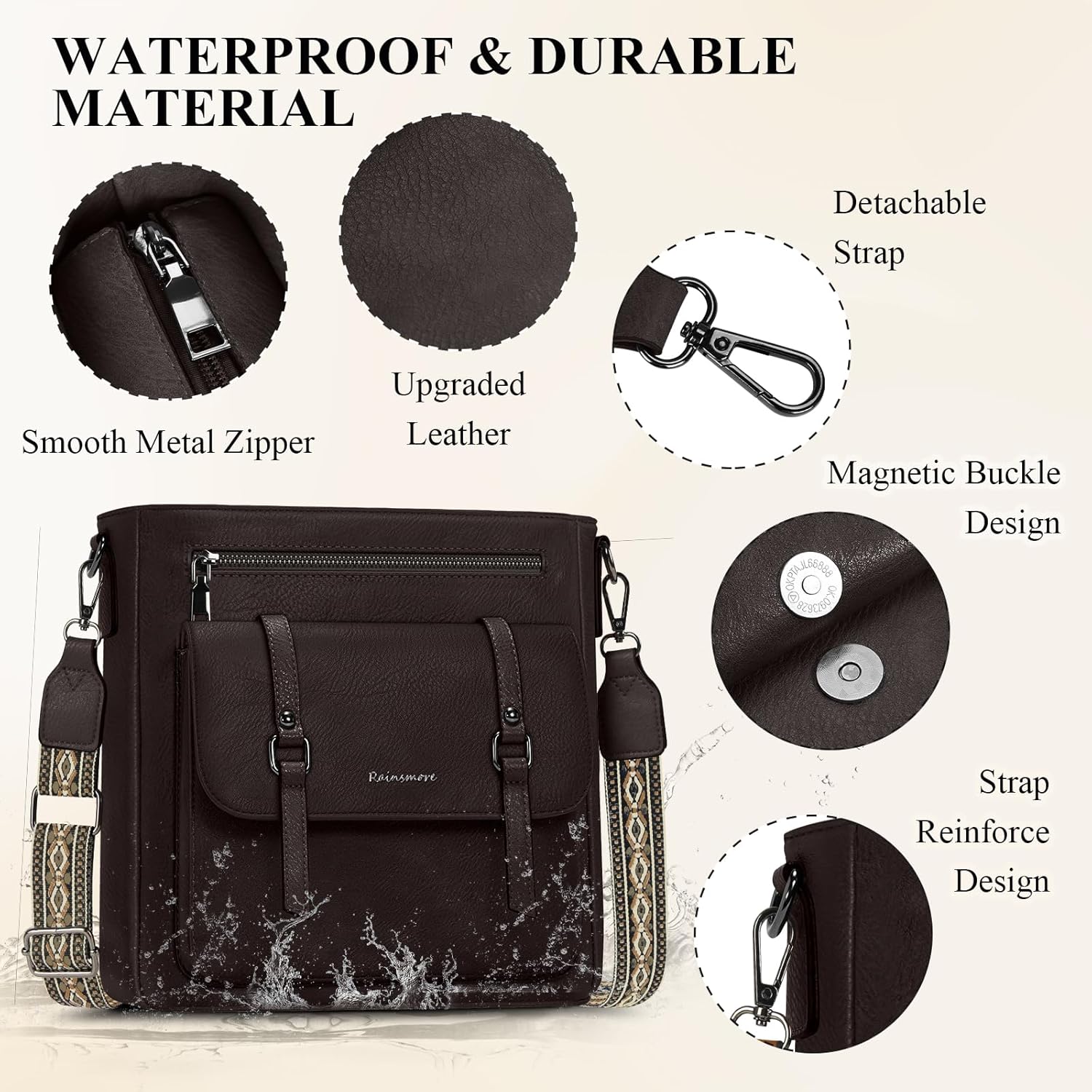 Thumbnail 3 de RAINSMORE Umhängetasche Damen Mittelgroß aus PU-Leder – Crossbody Bag mit breitem Schultergurt