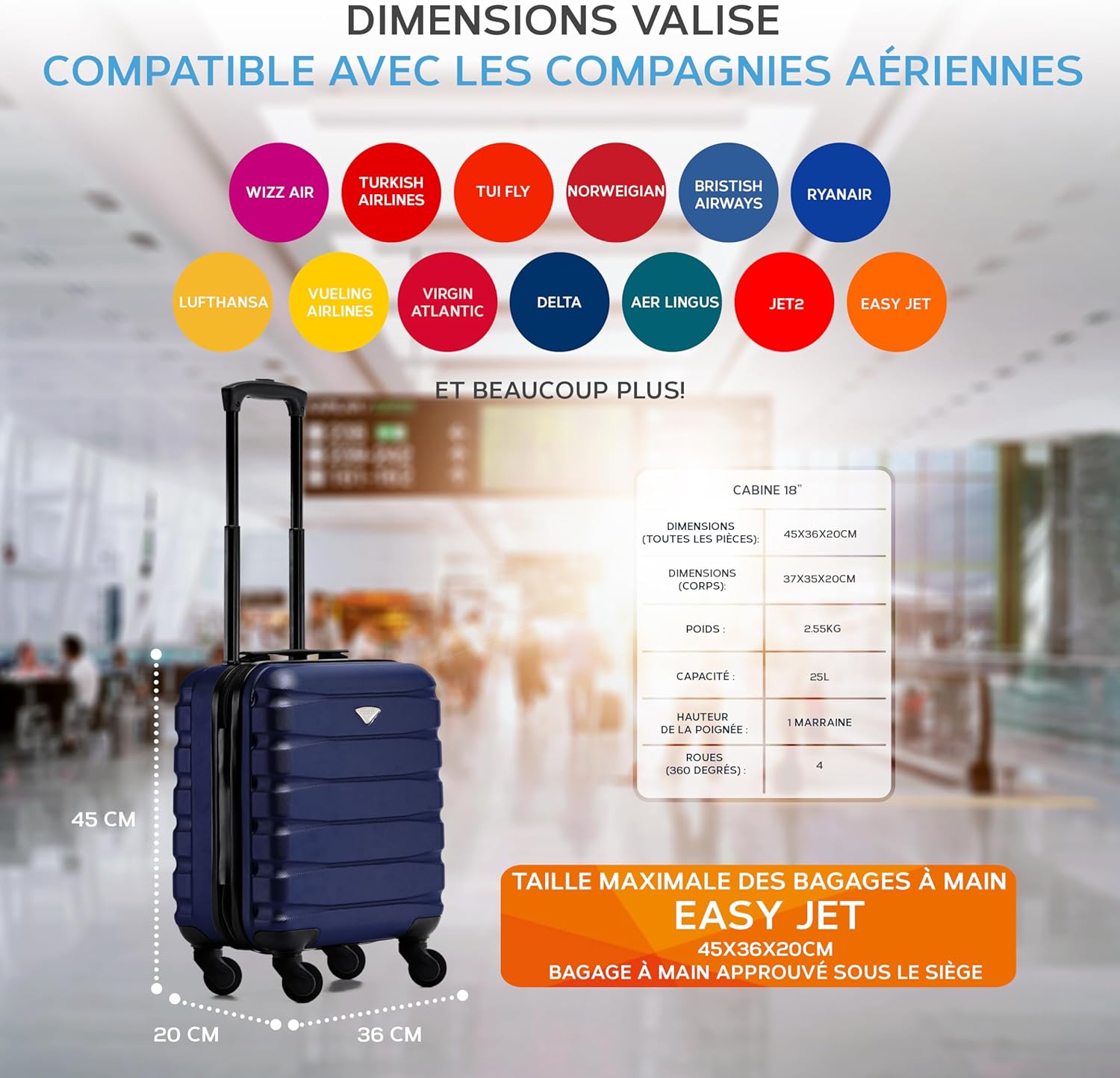 Detalle de Flight Knight Bagage Cabine Léger à 4 Roues – 45x36x20 cm, Marine/Noir (TSA) – Garanti 5 ans