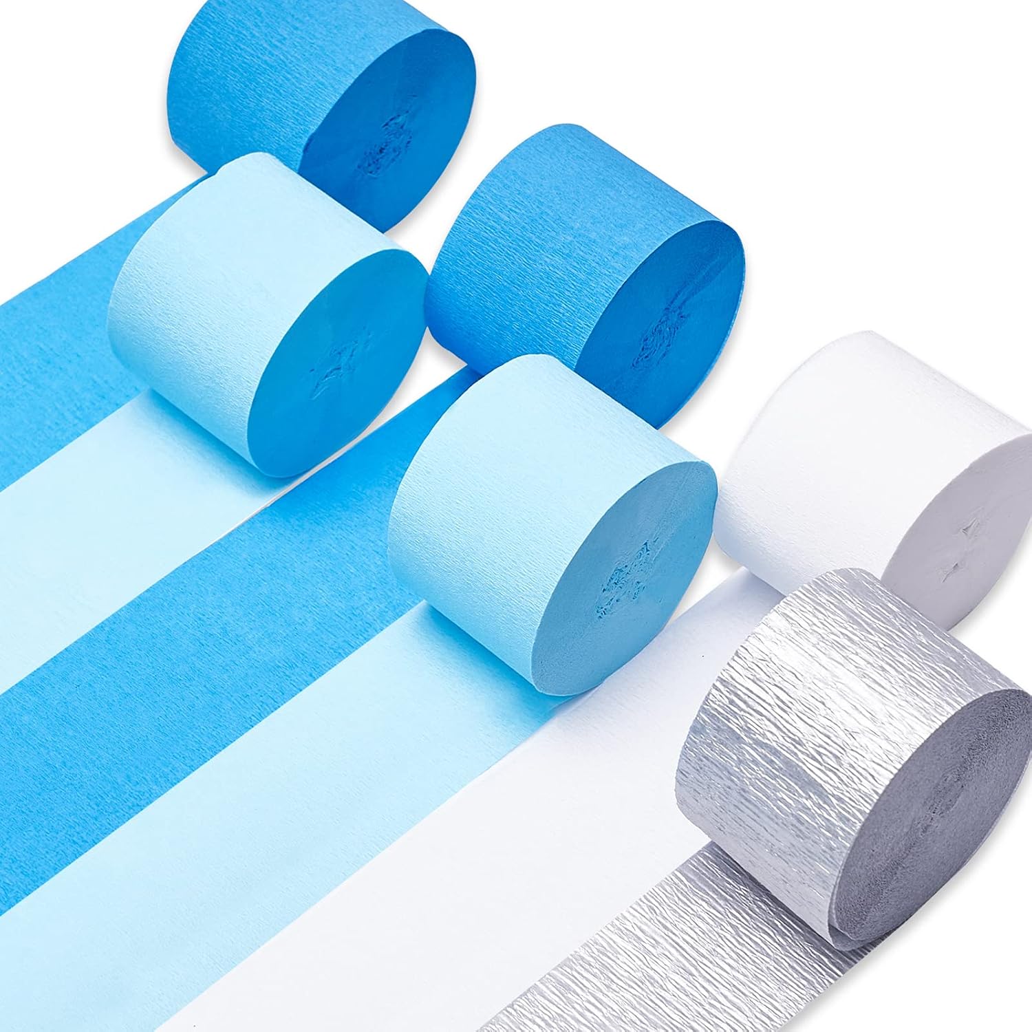 Detalle de PartyWoo Crepe Paper Streamers, 6 Rolls, 492 Feet in Blue, White & Silver