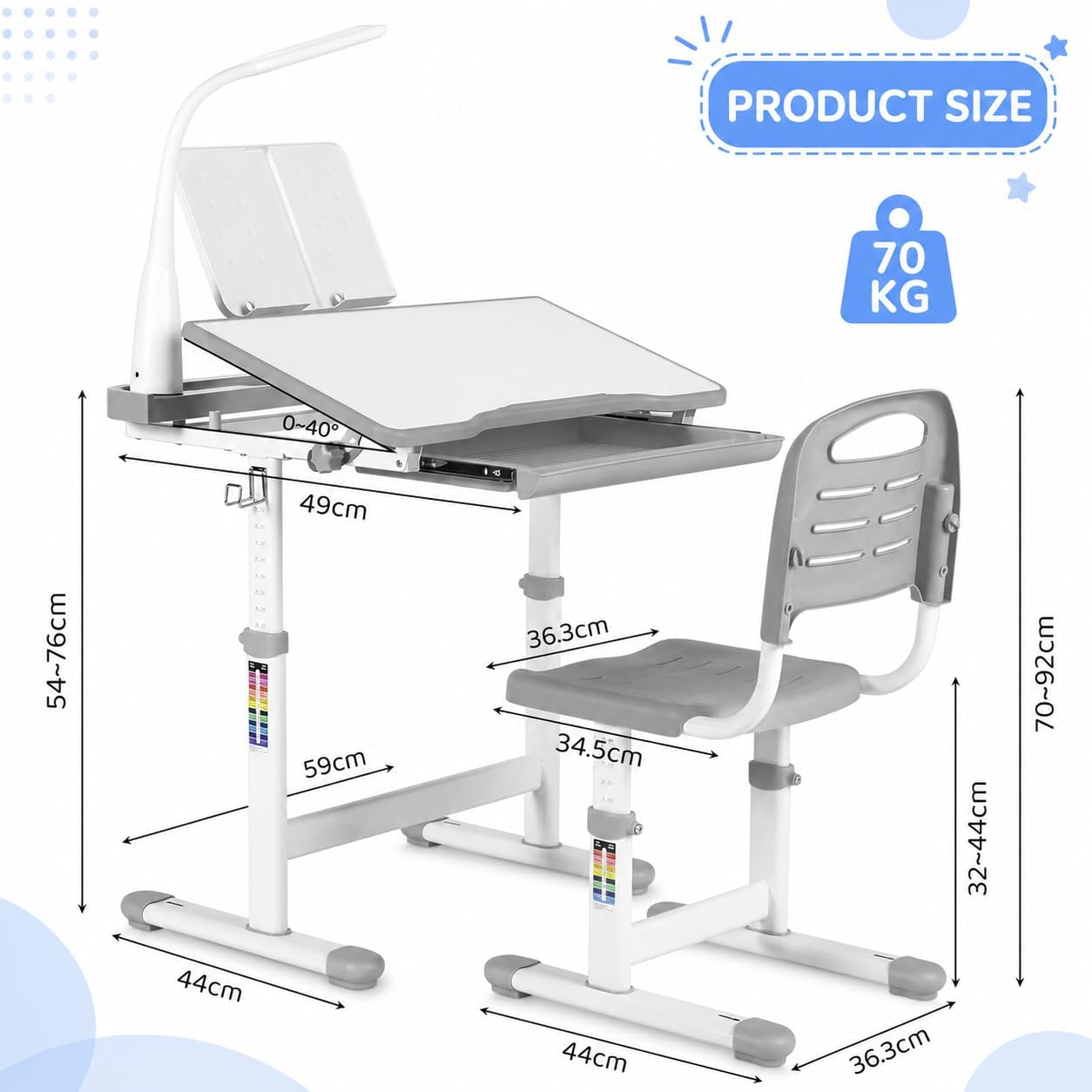 Detalle 2 de MAMIZO Gris Height-Adjustable Children's Desk and Chair Set with Lamp, Grey