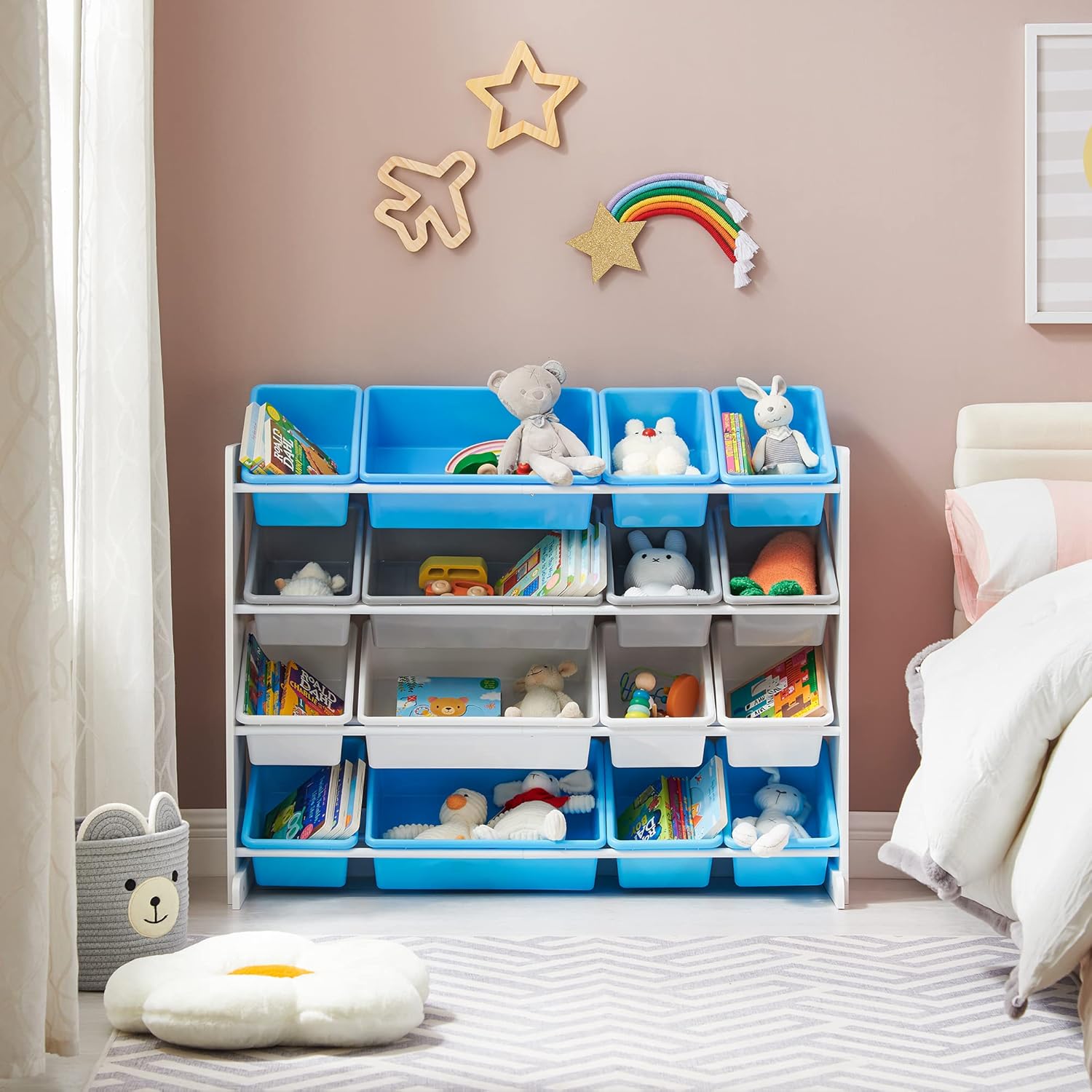 Detalle de SONGMICS Scaffale Giochi GKR070W03: 4 Ripiani con 16 Contenitori Rimovibili, Design Navigatore Spaziale