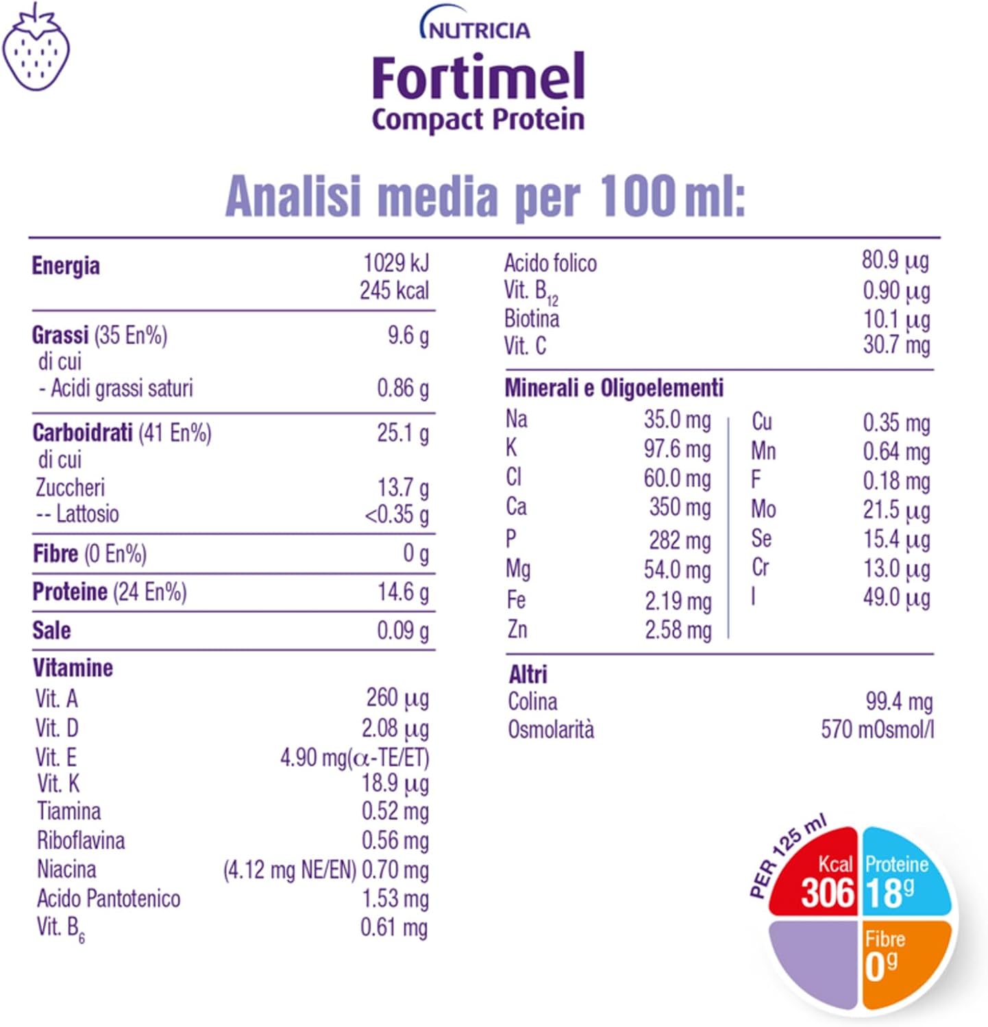 Detalle 2 de NUTRICIA FORTIMEL COMPACT PROTEIN – Integratore ipercalorico e iperproteico da 4x125 ml, gusto Fragola