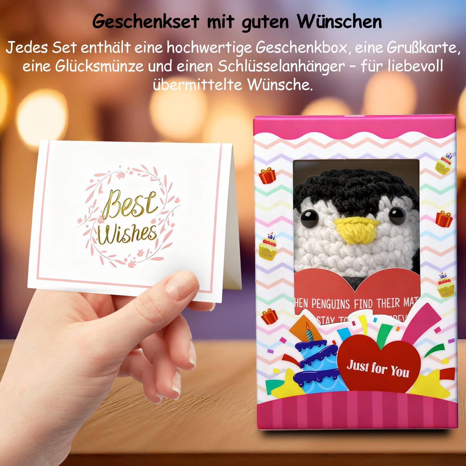 Thumbnail 1 de MLZTINGR Handgehäkelter Glückspinguin Pinguinchen Geschenkset – Inkl. Glücksmünze & Geschenkbox