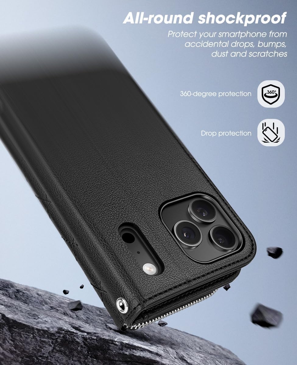 Thumbnail 5 de Ocase custodia portafoglio per iPhone 17 Pro 6,3" (2025) con laccetto, anti-RFID e supporto integrato, pelle PU litchi nero