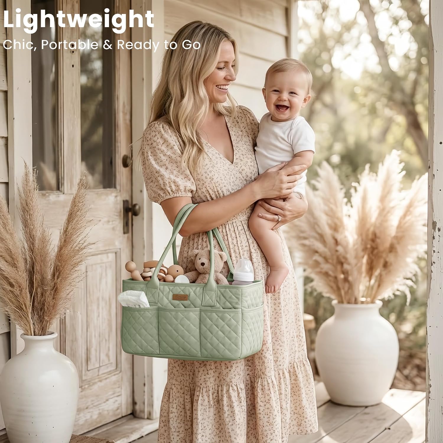 Thumbnail 4 de Konssy LLMMB-WL Baby Diaper Caddy, Fog Green Quilted Organizer with Removable Divider