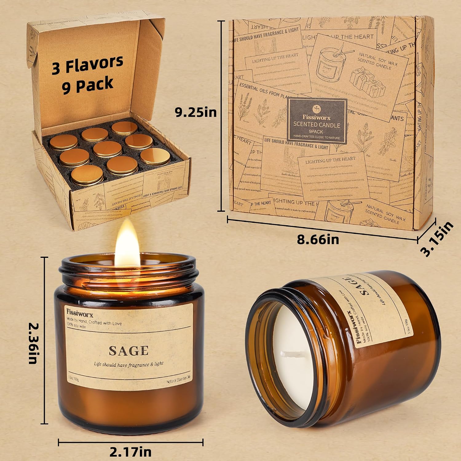 Detalle de 9 Pack Soy Candles for Home: Vanilla, Lavender & Sage (270 Hours)
