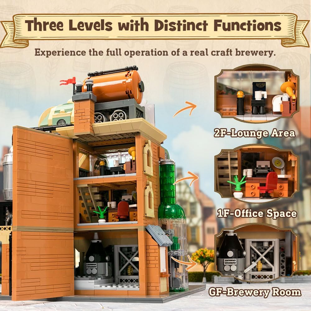 Detalle de PANTASY Craft Beer Brewery Building Set for Adults – Vintage Microbrewery Model with Modular Architecture