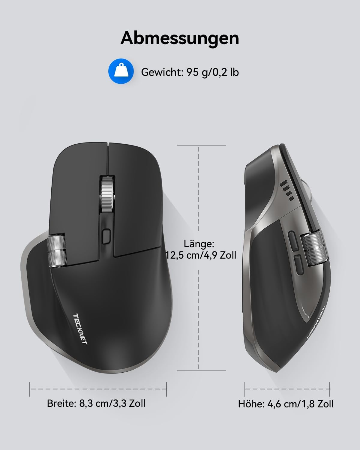 Detalle de TECKNET Bluetooth kabellose Maus – Ergonomische 7-Tasten-Maus mit Daumenrad, 4800 DPI, BT 5.3/5.0 + 2,4 GHz, USB-C Schnellladung