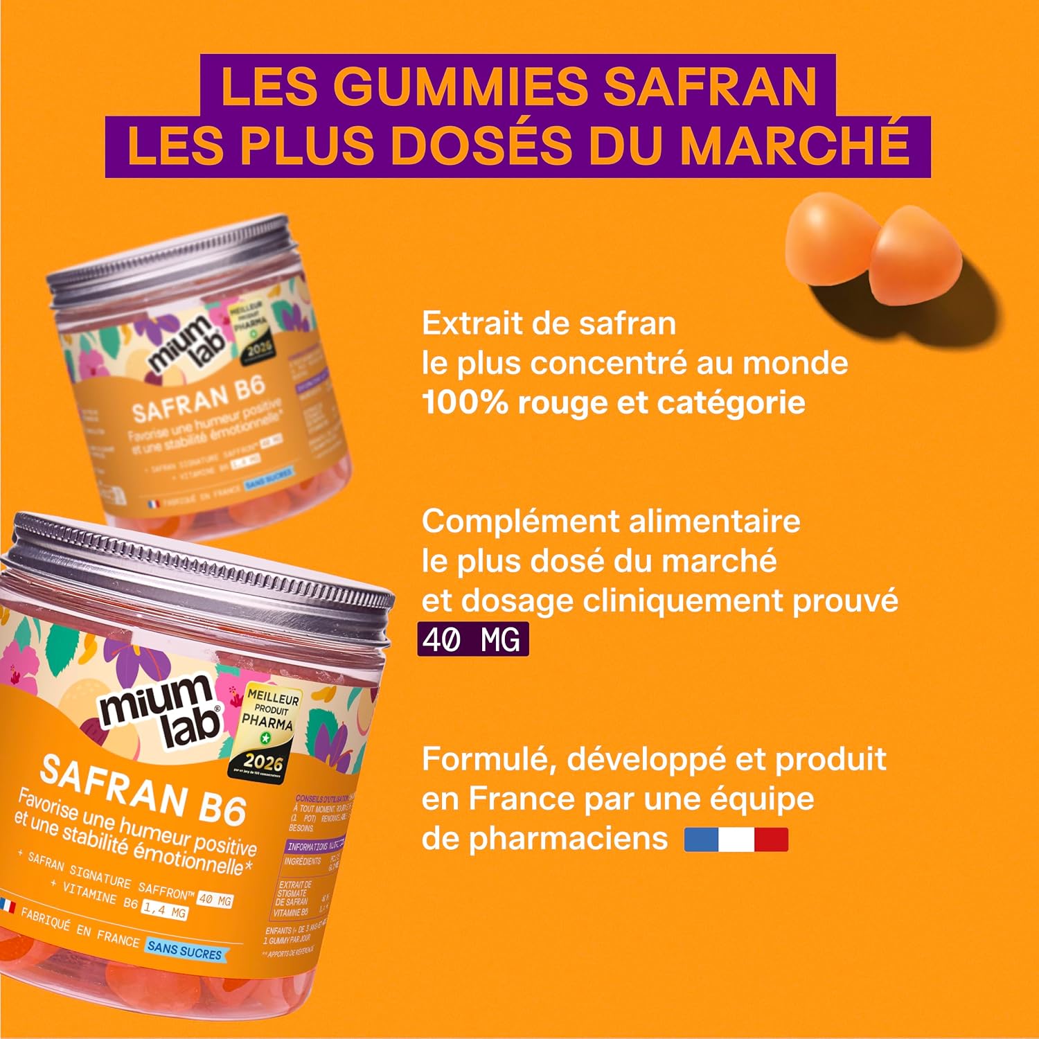 Detalle de Mium Lab Gummies Safran & Vitamine B6 (40 mg) sans sucres — enfants dès 4 ans et adultes