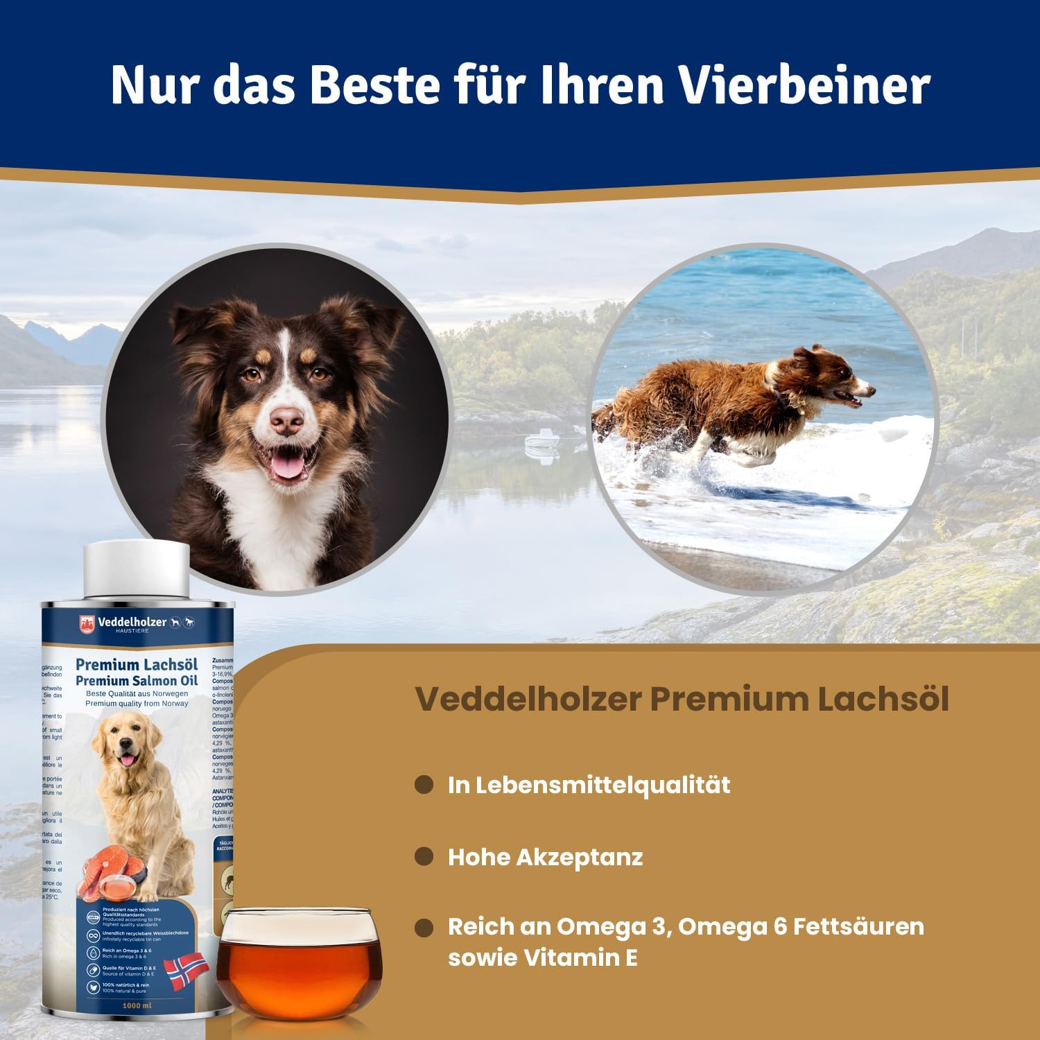 Thumbnail 5 de Veddelholzer Lachsöl für Hunde 1 Liter – Omega-3 & Vitamin E aus Norwegen, in recycelbarer Weißblechdose