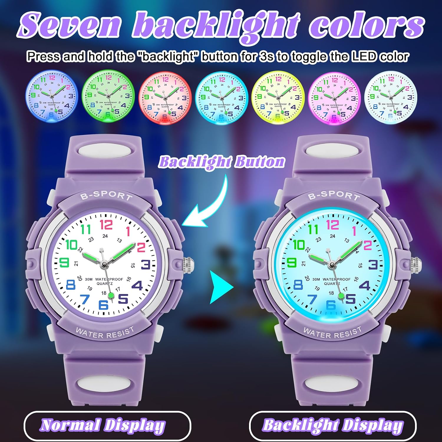 Detalle de GUUMUXIN Lernuhr für Kinder – Analoge Uhr mit bunten Lichtern, TPU Armband, 30 m wasserdicht (5–16 Jahre)