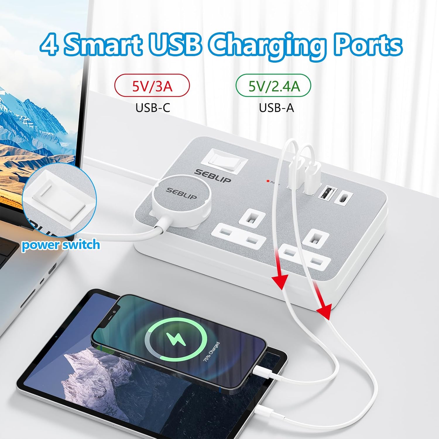 Thumbnail 2 de Extension Lead with 4 USB Slots, 3-Way Plug Extension Socket, 3m Extension Cable – Grey