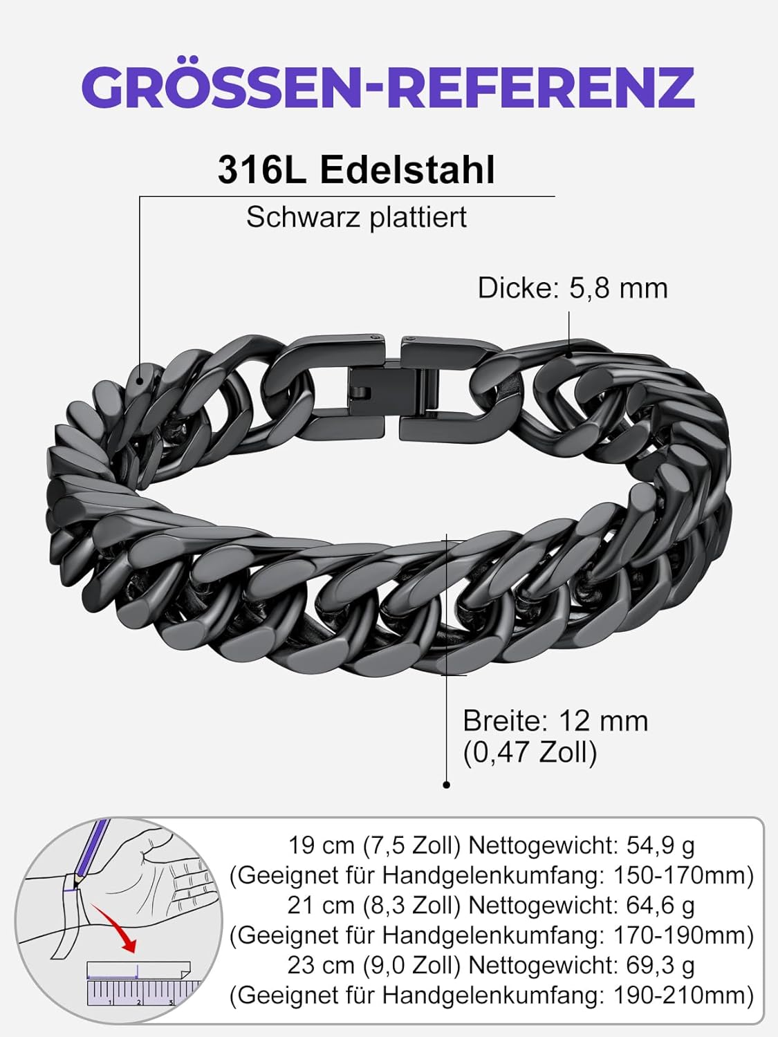 Thumbnail 2 de Richsteel Armband Herren Edelstahl – 8/12/17 mm Breite, 19–23 cm Länge, Silber/Gold/Schwarz