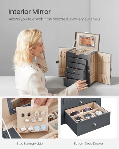 Detalle 1 de SONGMICS Large Jewellery Box, 6 Tiers, 5 Drawers, Lockable with Mirror