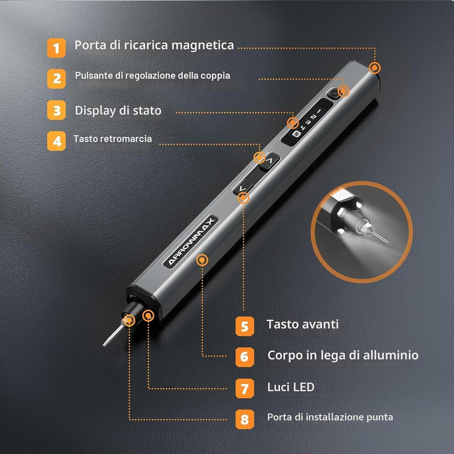 Detalle 2 de ARROWMAX Set cacciaviti elettrici SES Ultra 70 pezzi: precisione OLED, 5 impostazioni di coppia e illuminazione a LED