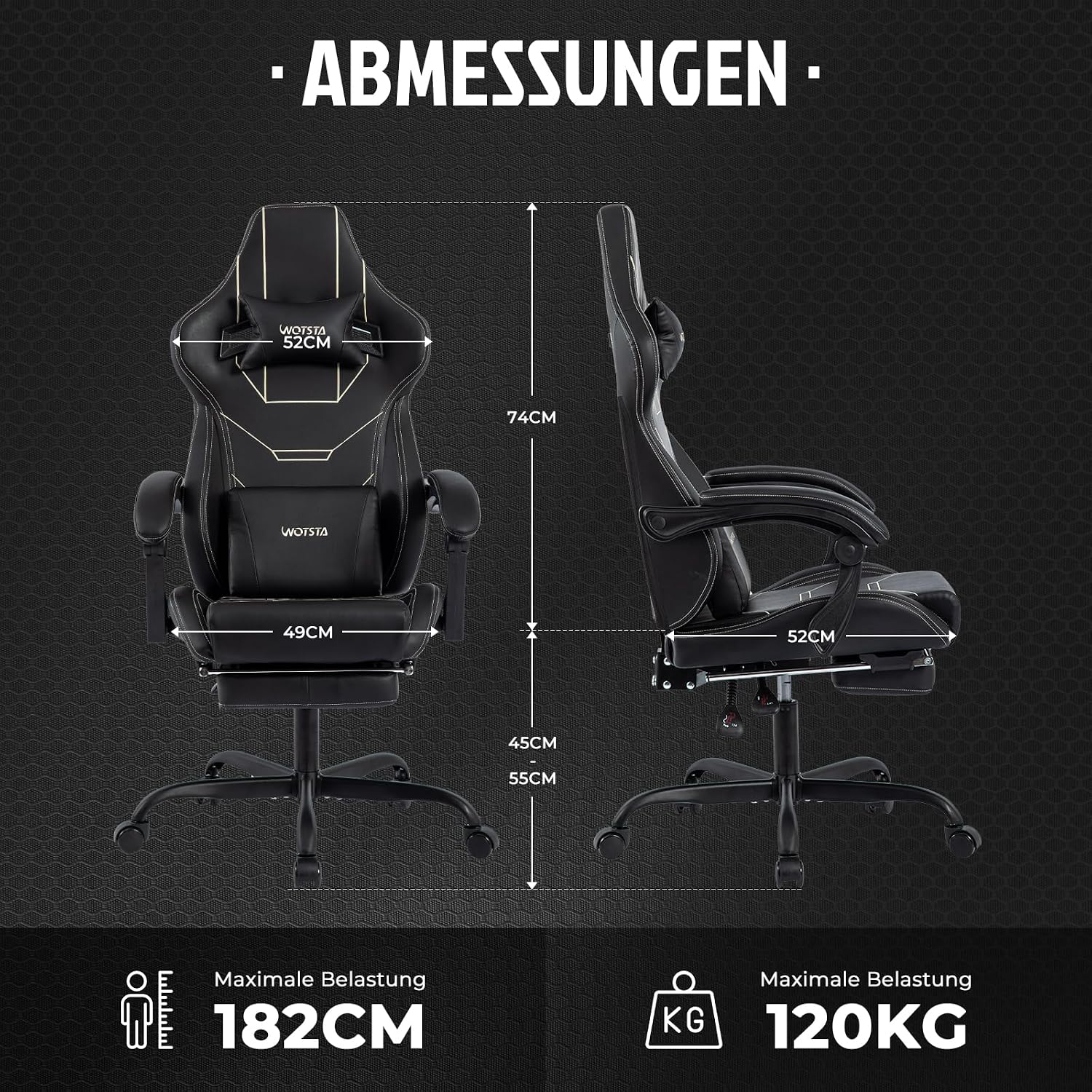 Thumbnail 2 de WOTSTA Gaming Stuhl mit Fußstütze, 90°–155°
