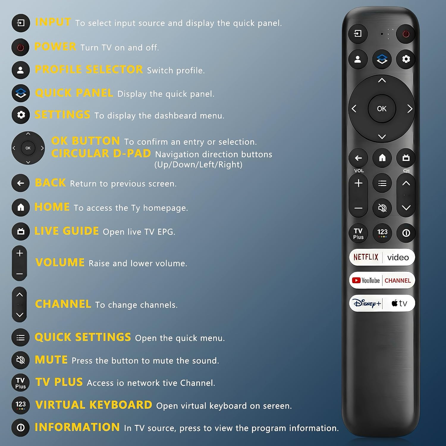 Detalle de BUXQE RC813 Remote Control for TCL Google TVs, Infrared, 6 Shortcut Keys