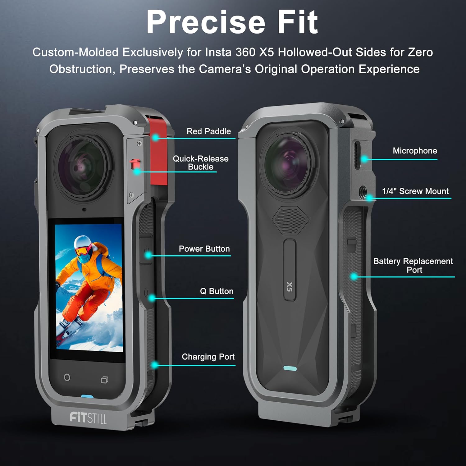 Detalle de FitStill Schutzhülle für Insta 360 X5 – Aluminium Schutzrahmen + Silikon-Linsenabdeckung