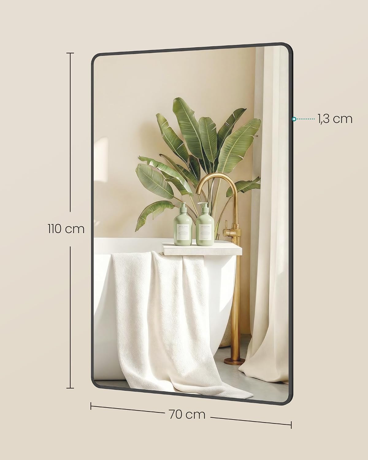 Detalle de SONGMICS Miroir Salle de Bain 110 x 70 cm – Cadre en aluminium, verre trempé, film de sécurité